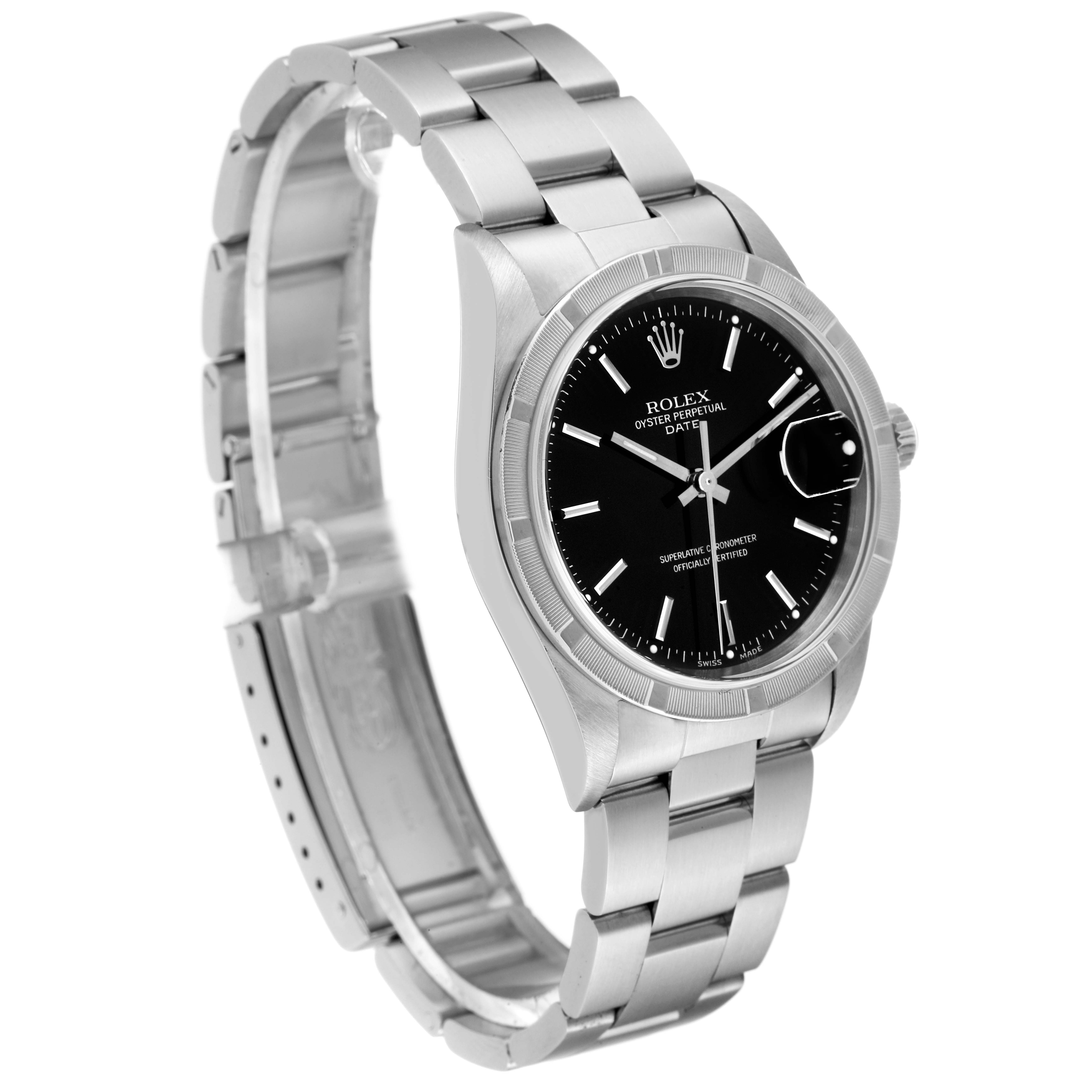 The image shows a side angle of a Rolex Date 15210 Men's Stainless Steel Black Dial 15210 Men's Stainless Steel Black Dial model watch, featuring its bracelet, black dial, and partially open clasp.