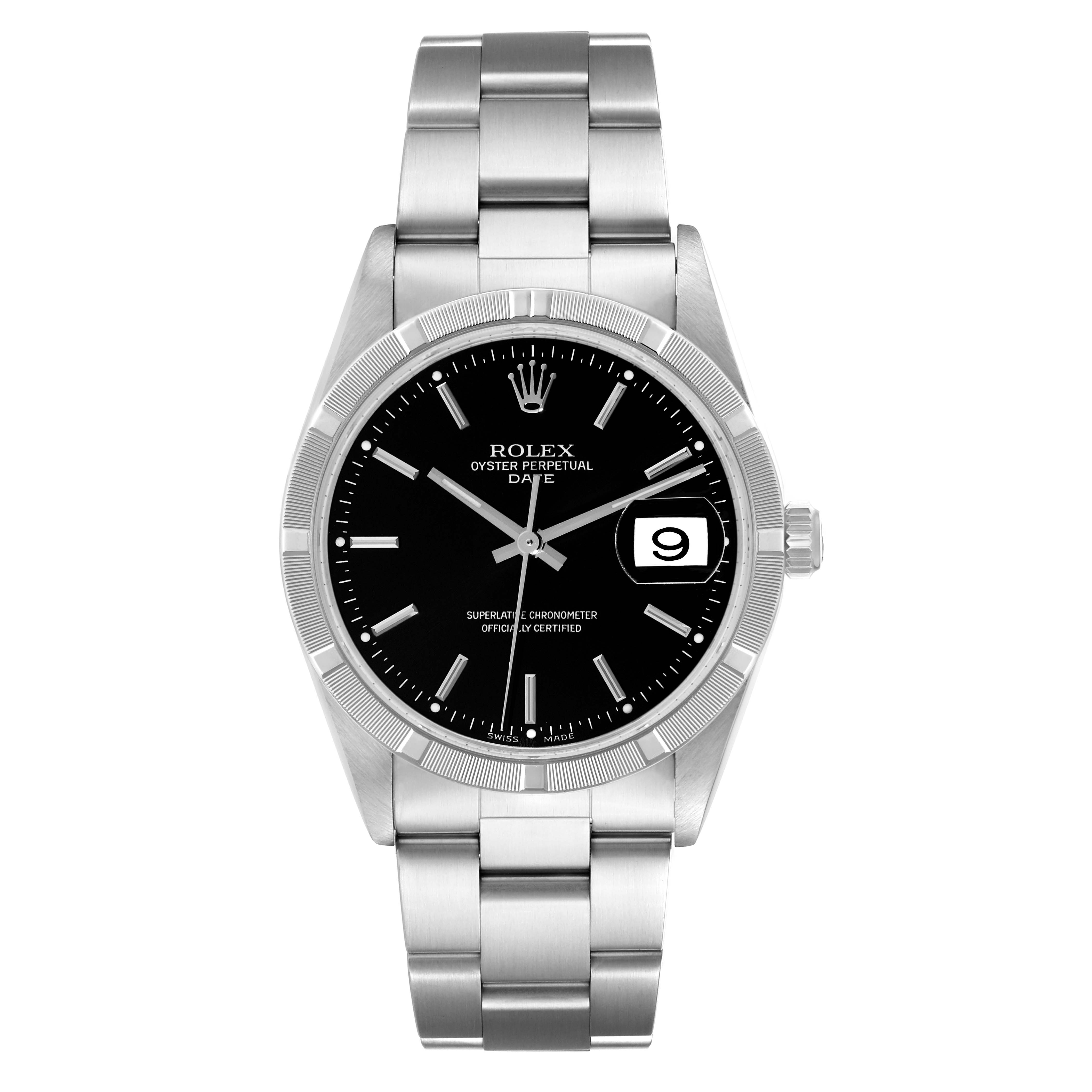 The image shows a frontal view of a Rolex Oyster Perpetual Date watch, featuring its dial, bezel, bracelet, and date window.