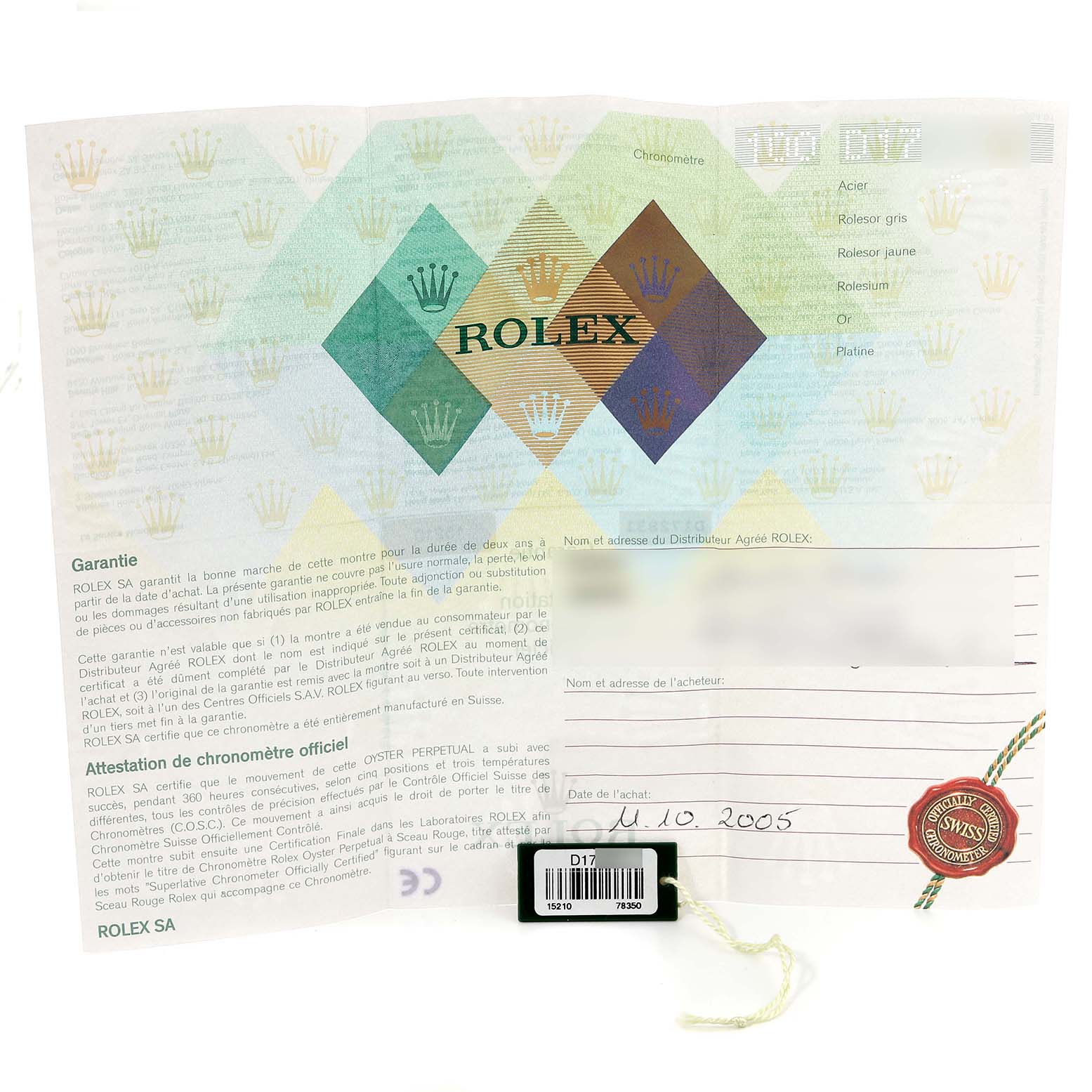 The image shows a warranty certificate for a Rolex Date 15210 Men's Stainless Steel Black Dial 15210 Men's Stainless Steel Black Dial model watch and an attached authenticity tag.