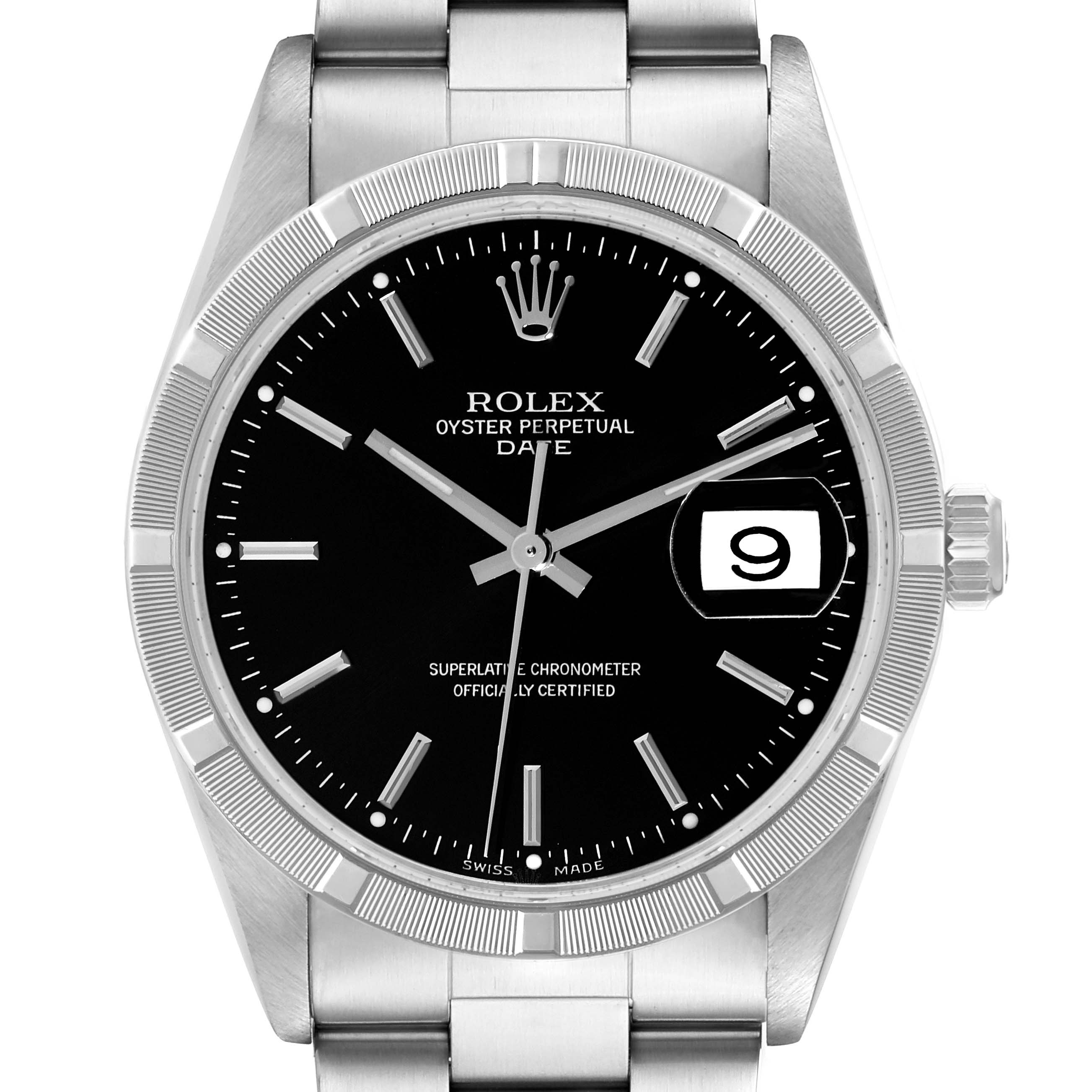 The image shows a front view of a Rolex Oyster Perpetual Date model watch, displaying the face, bezel, and part of the bracelet.