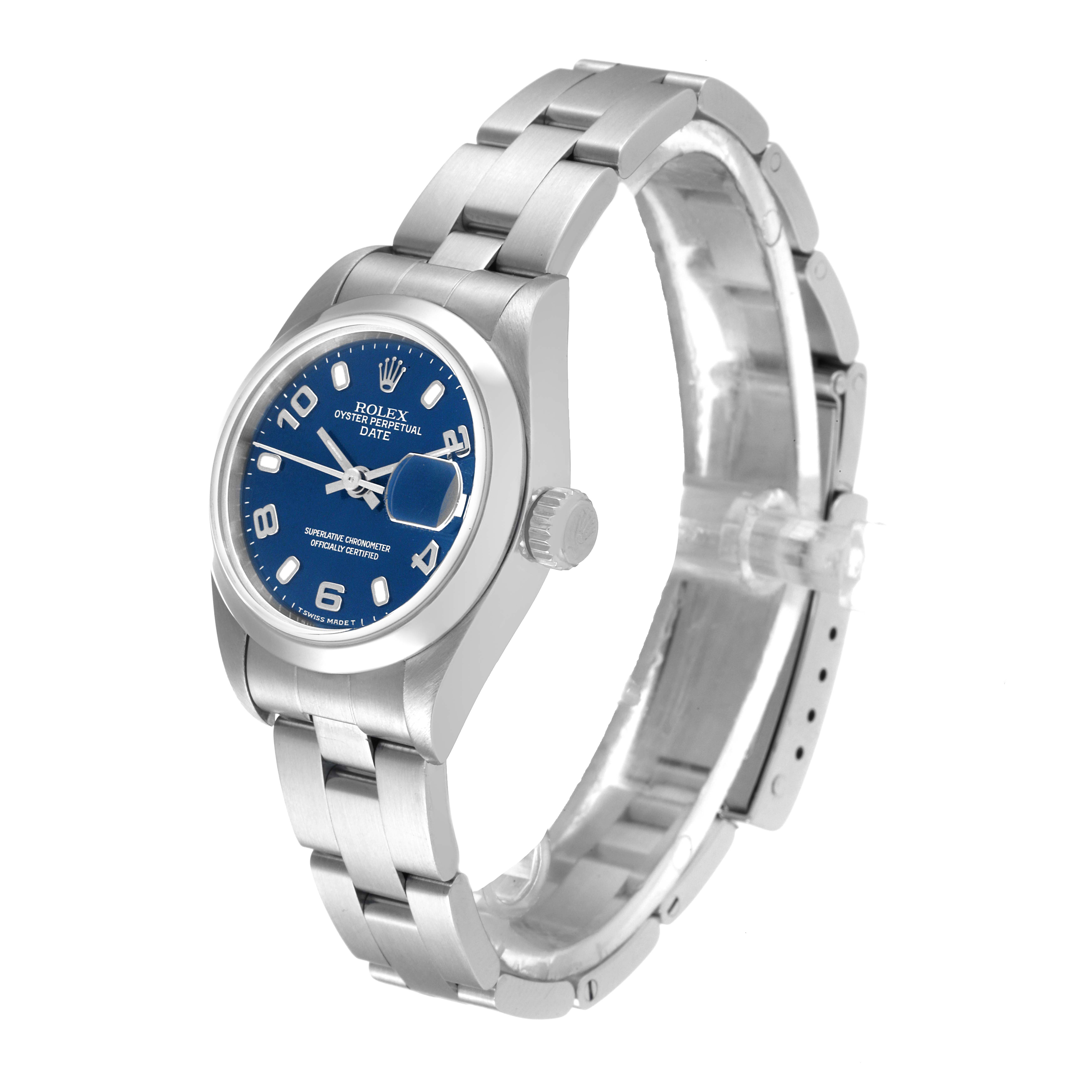 The image shows a side and front angle view of a Rolex Date 69160 Women
s Stainless Steel Blue Dial 69160 Women
s Stainless Steel Blue Dial model watch, highlighting its blue dial and stainless steel bracelet.