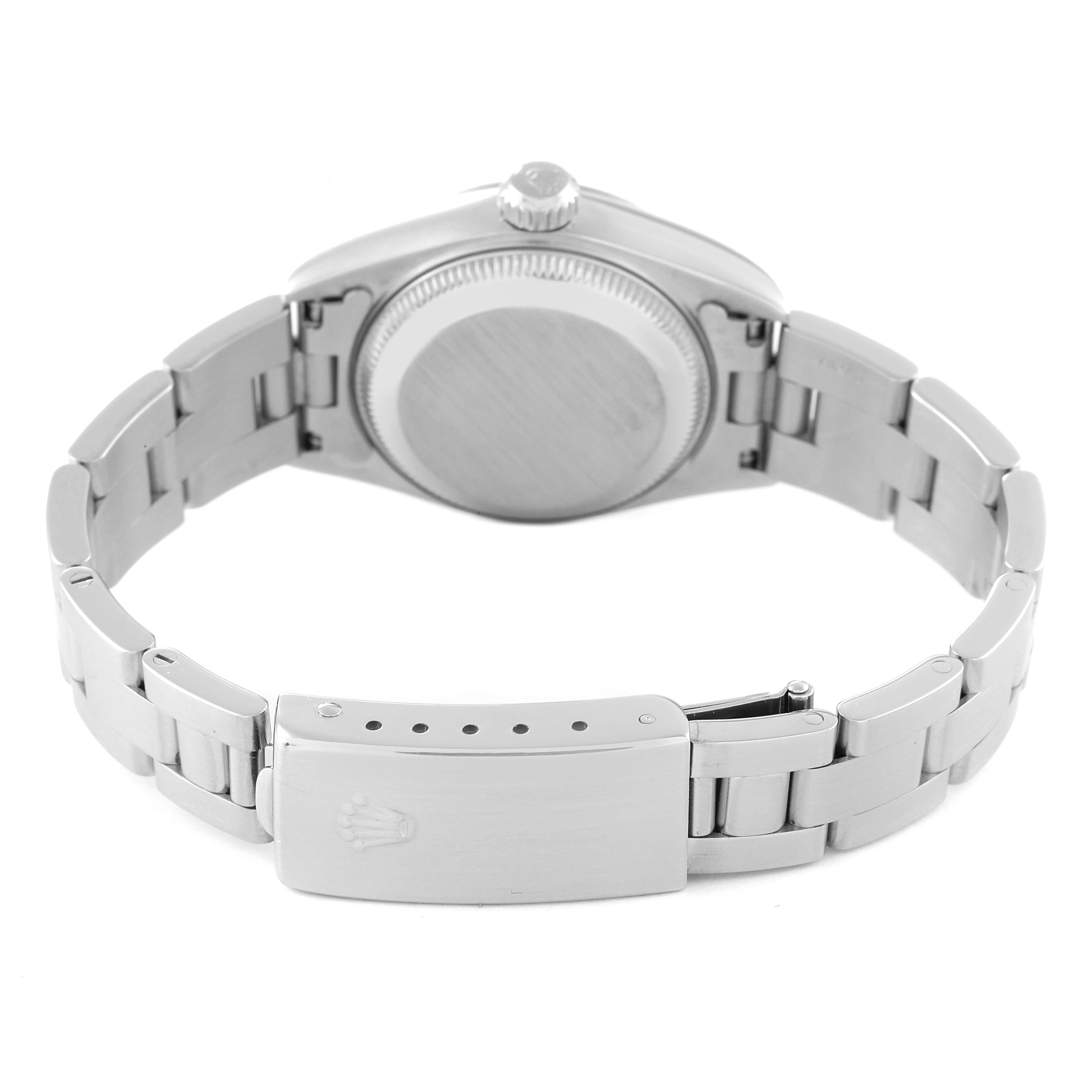 This image shows the back case and bracelet of a Rolex Date 69160 Women
s Stainless Steel Blue Dial 69160 Women
s Stainless Steel Blue Dial model watch from an underside angle.