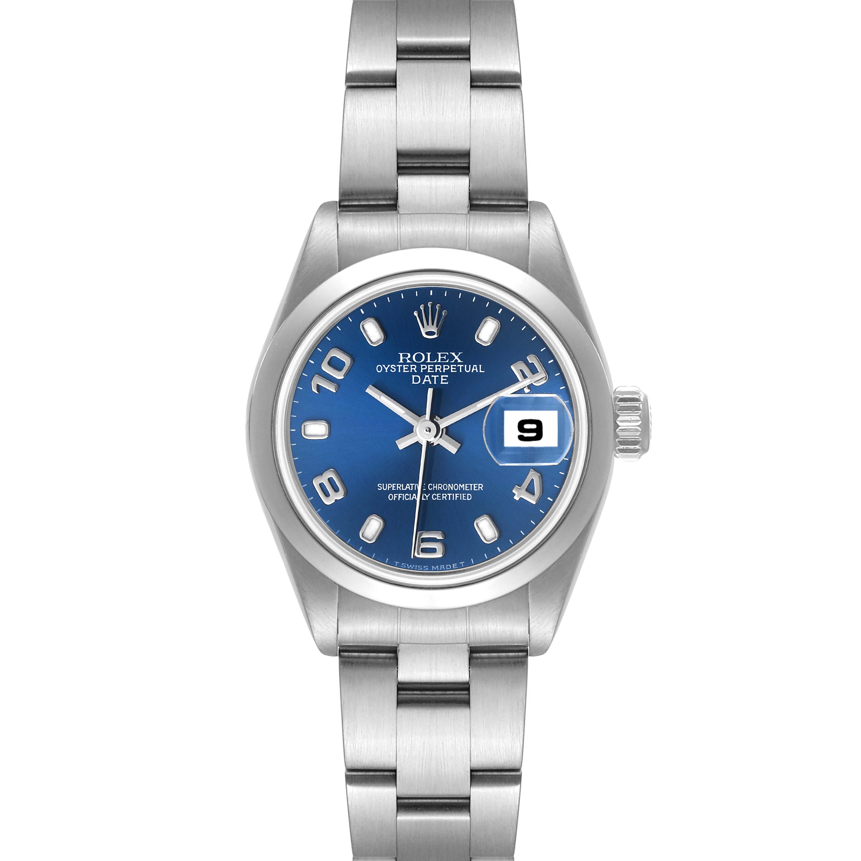 This image shows a front-facing view of a Rolex Date 69160 Women
s Stainless Steel Blue Dial 69160 Women
s Stainless Steel Blue Dial model watch, capturing the dial, case, bracelet, and crown.