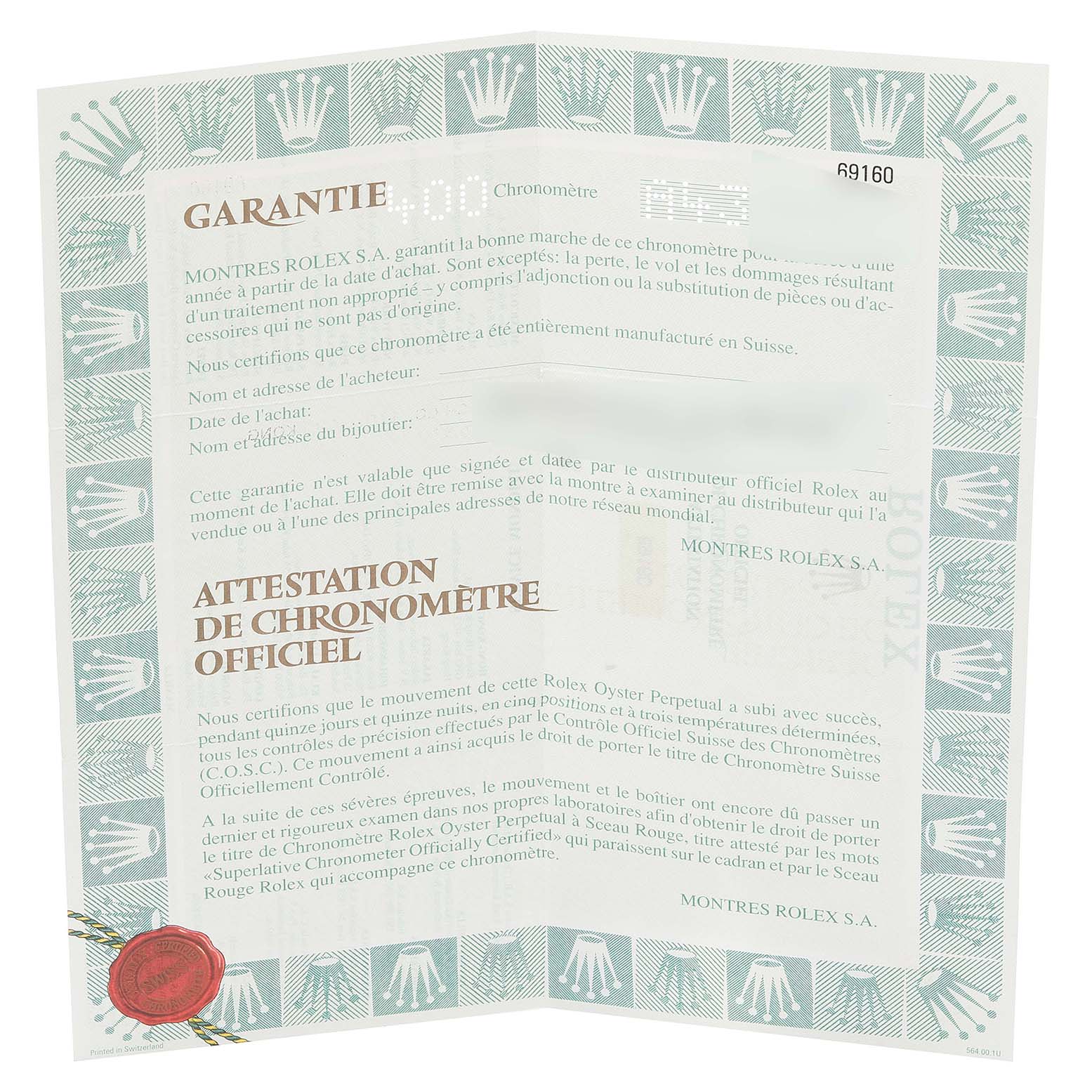 The image shows the warranty and chronometer certification paperwork for a Rolex Date 69160 Women
s Stainless Steel Blue Dial 69160 Women
s Stainless Steel Blue Dial model watch.