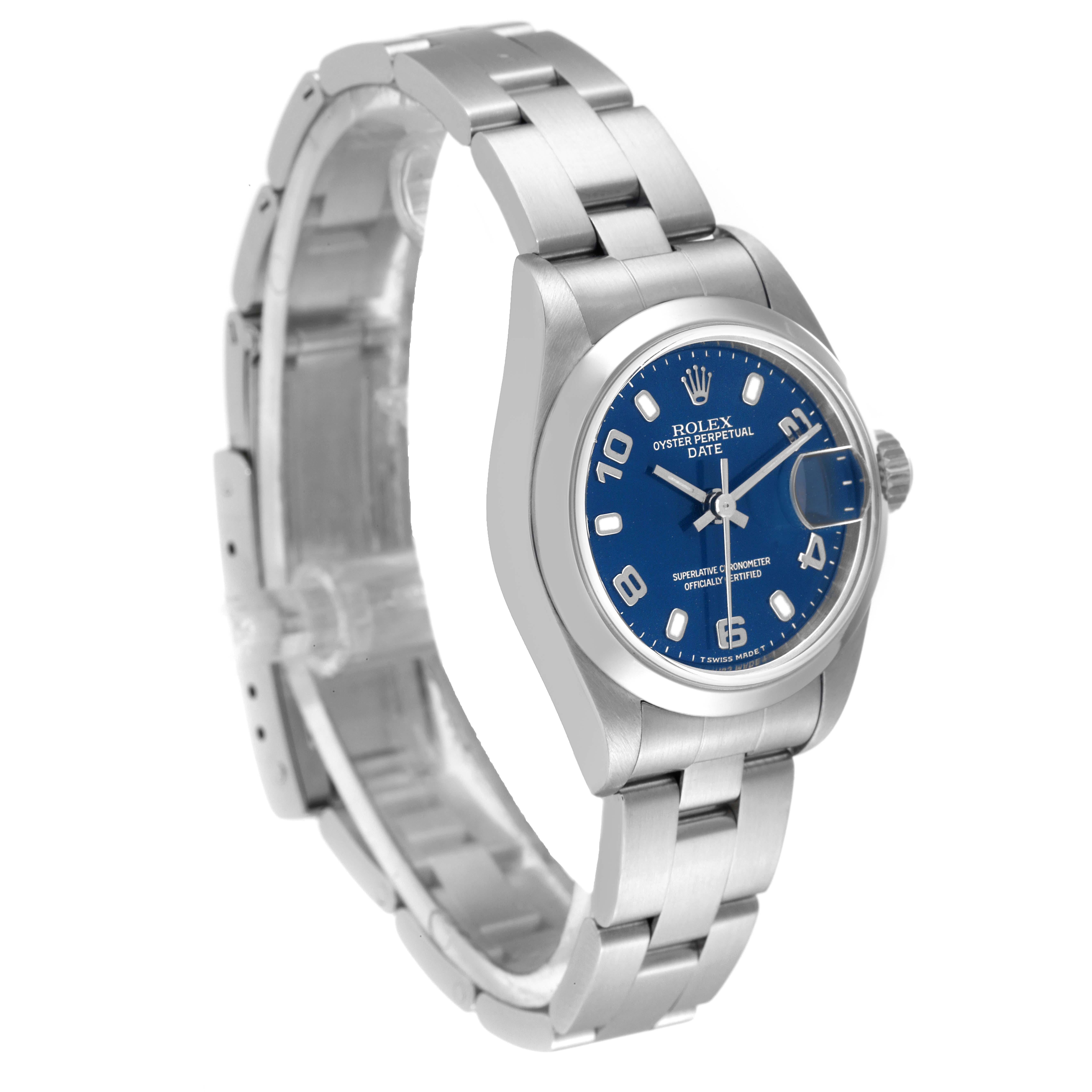The image shows a Rolex Date 69160 Women
s Stainless Steel Blue Dial 69160 Women
s Stainless Steel Blue Dial model watch at an angle showcasing its dial, case, and bracelet.