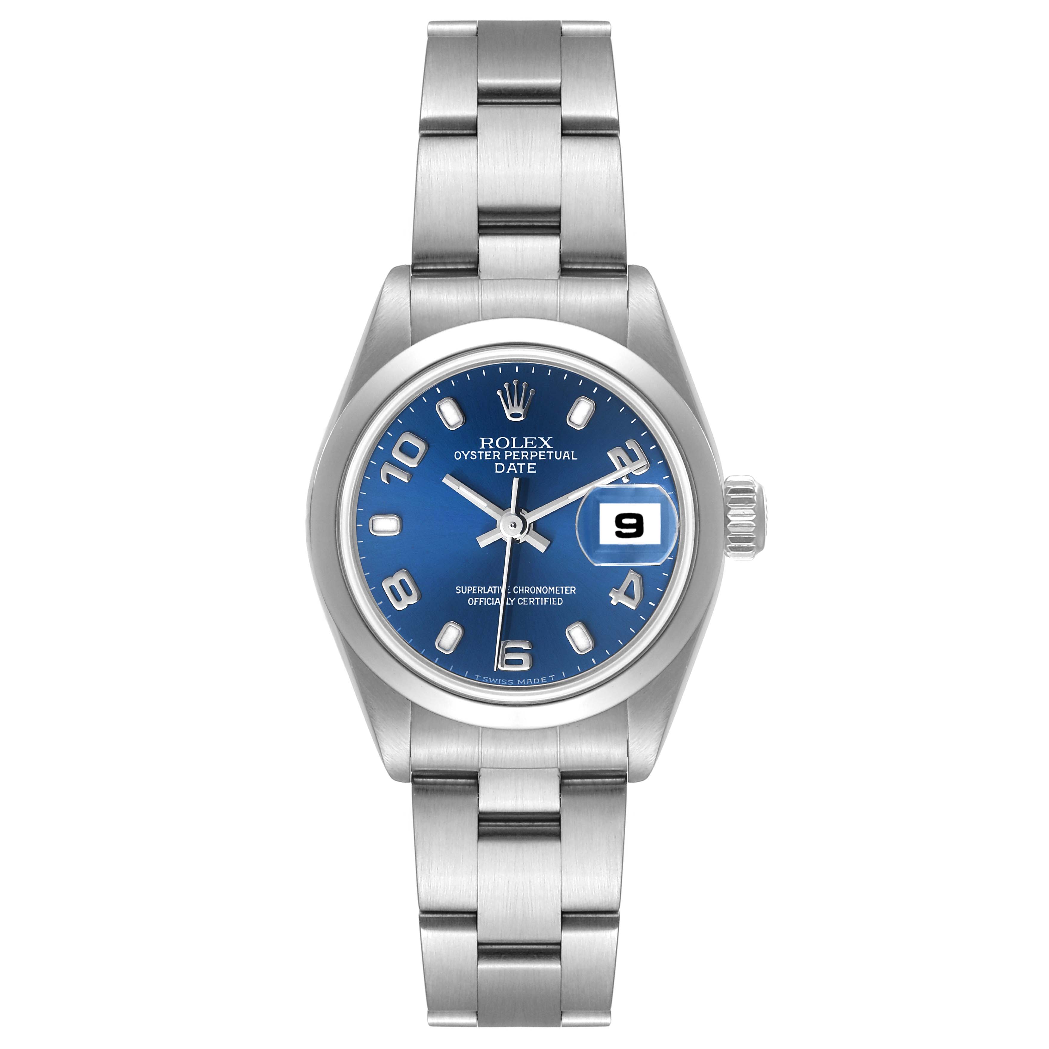 The image shows a front view of a Rolex Oyster Perpetual Date watch, highlighting its blue dial and date display.