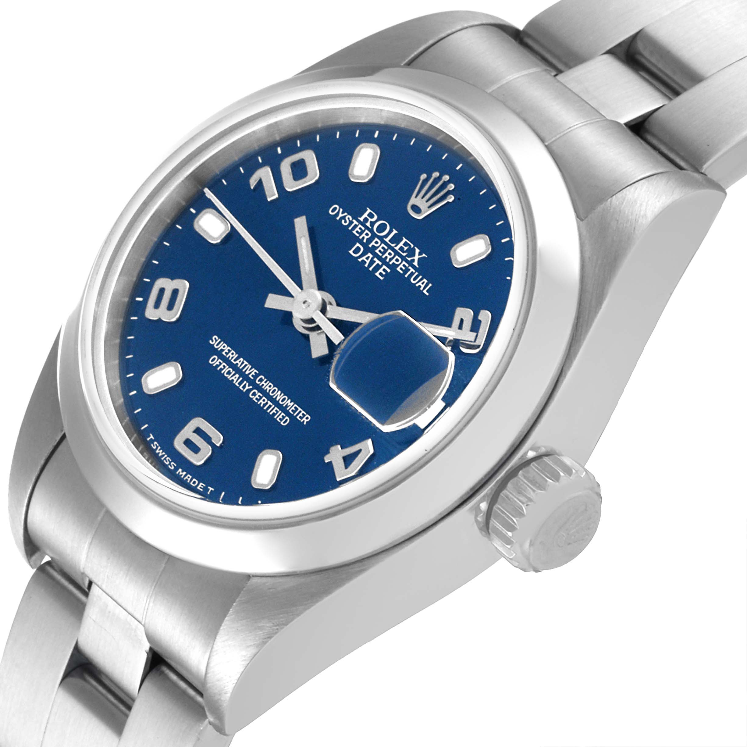 The image shows a close-up angle of the Rolex Date 69160 Women
s Stainless Steel Blue Dial 69160 Women
s Stainless Steel Blue Dial model watch, highlighting its blue dial, crown, and stainless steel bracelet.