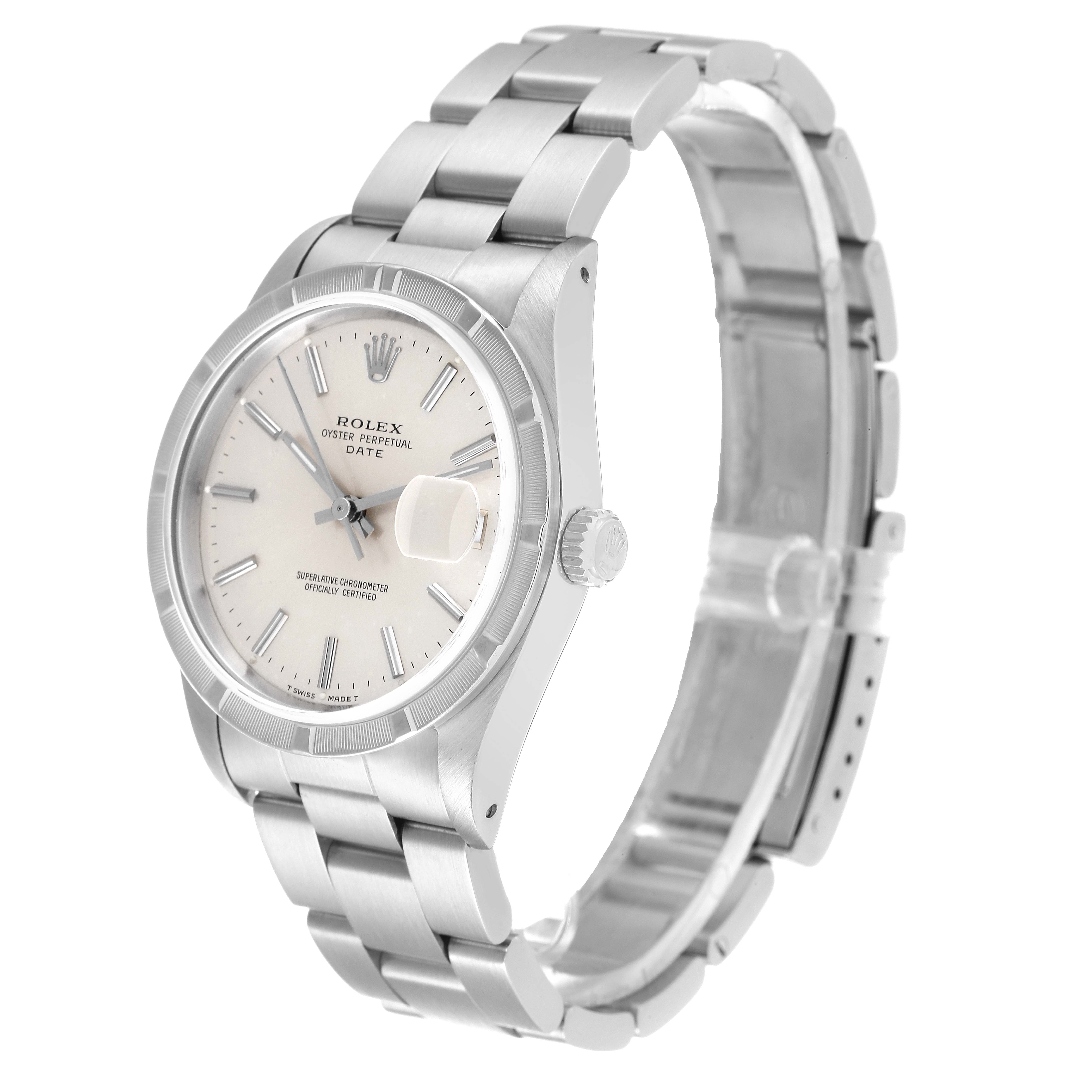The image shows a side and front angle view of the Rolex Date 15210 Men's Stainless Steel Silver Dial 15210 Men's Stainless Steel Silver Dial model, highlighting the dial, bezel, and bracelet.