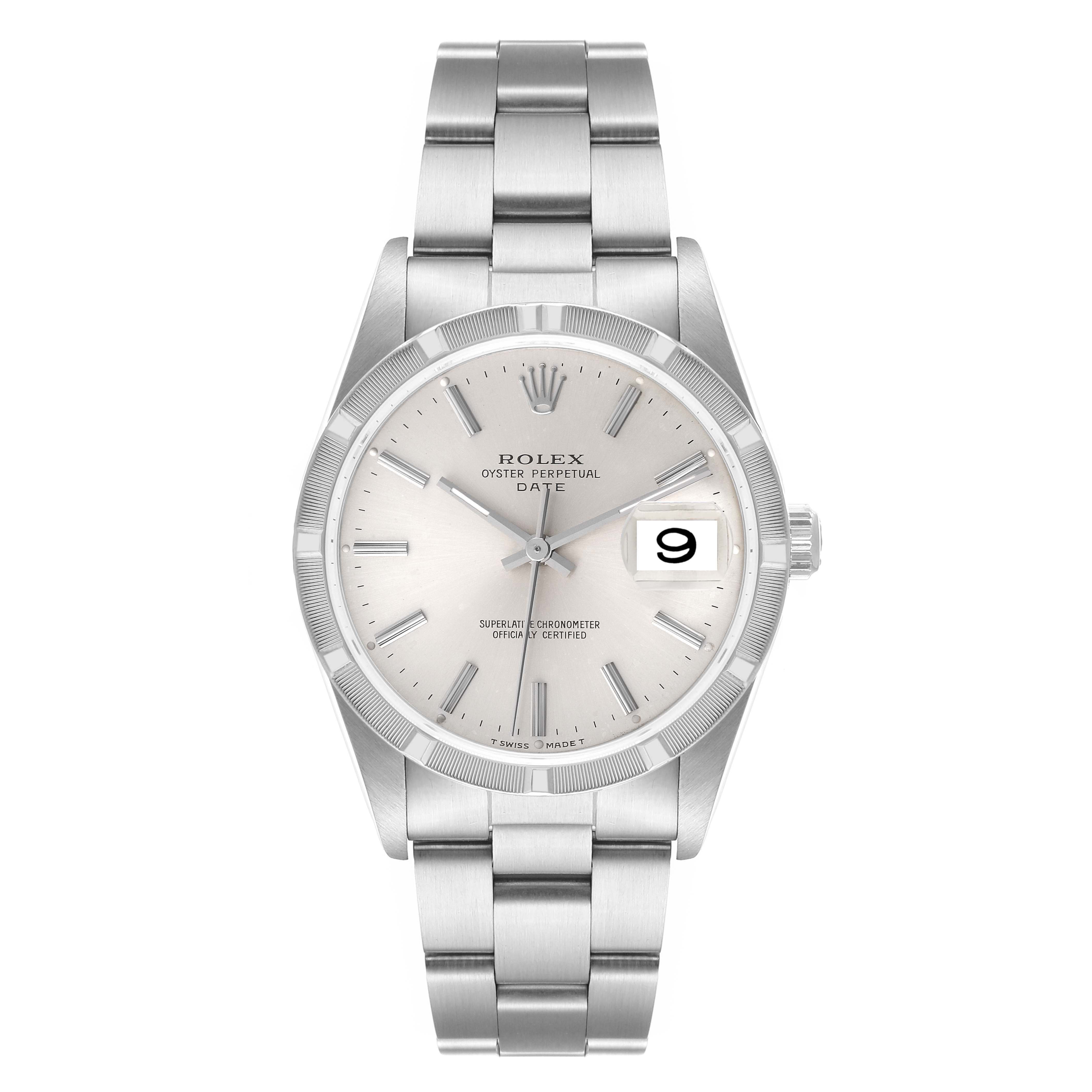 The image shows a frontal view of a Rolex Date 15210 Men's Stainless Steel Silver Dial 15210 Men's Stainless Steel Silver Dial model watch, displaying the dial, bezel, hands, date window, and bracelet.