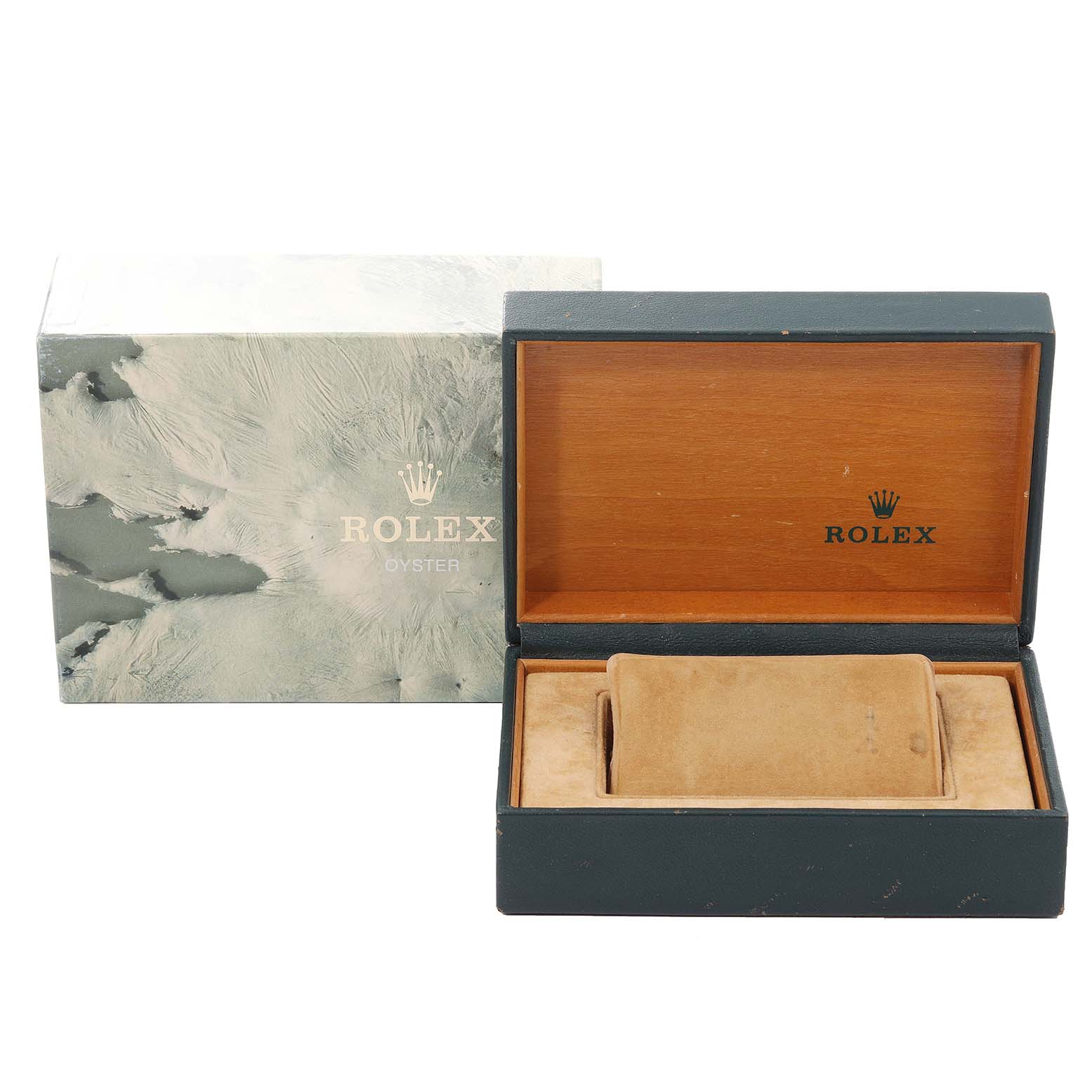 The image shows a Rolex Date 15210 Men's Stainless Steel Silver Dial 15210 Men's Stainless Steel Silver Dial watch box and packaging, with the box open and empty.