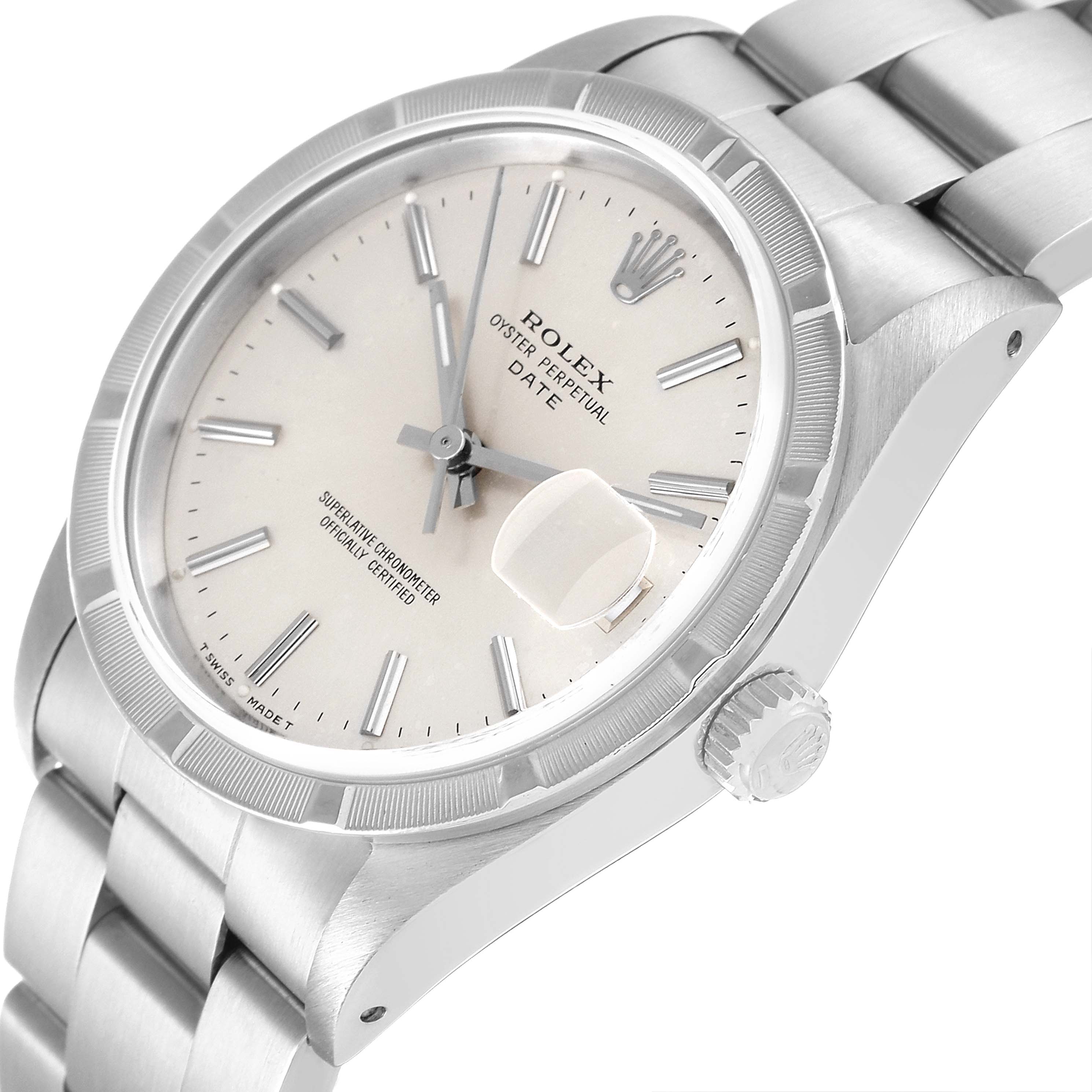 The image shows a close-up, angled view of a Rolex Date 15210 Men's Stainless Steel Silver Dial 15210 Men's Stainless Steel Silver Dial model watch, highlighting the face, bezel, crown, and part of the bracelet.