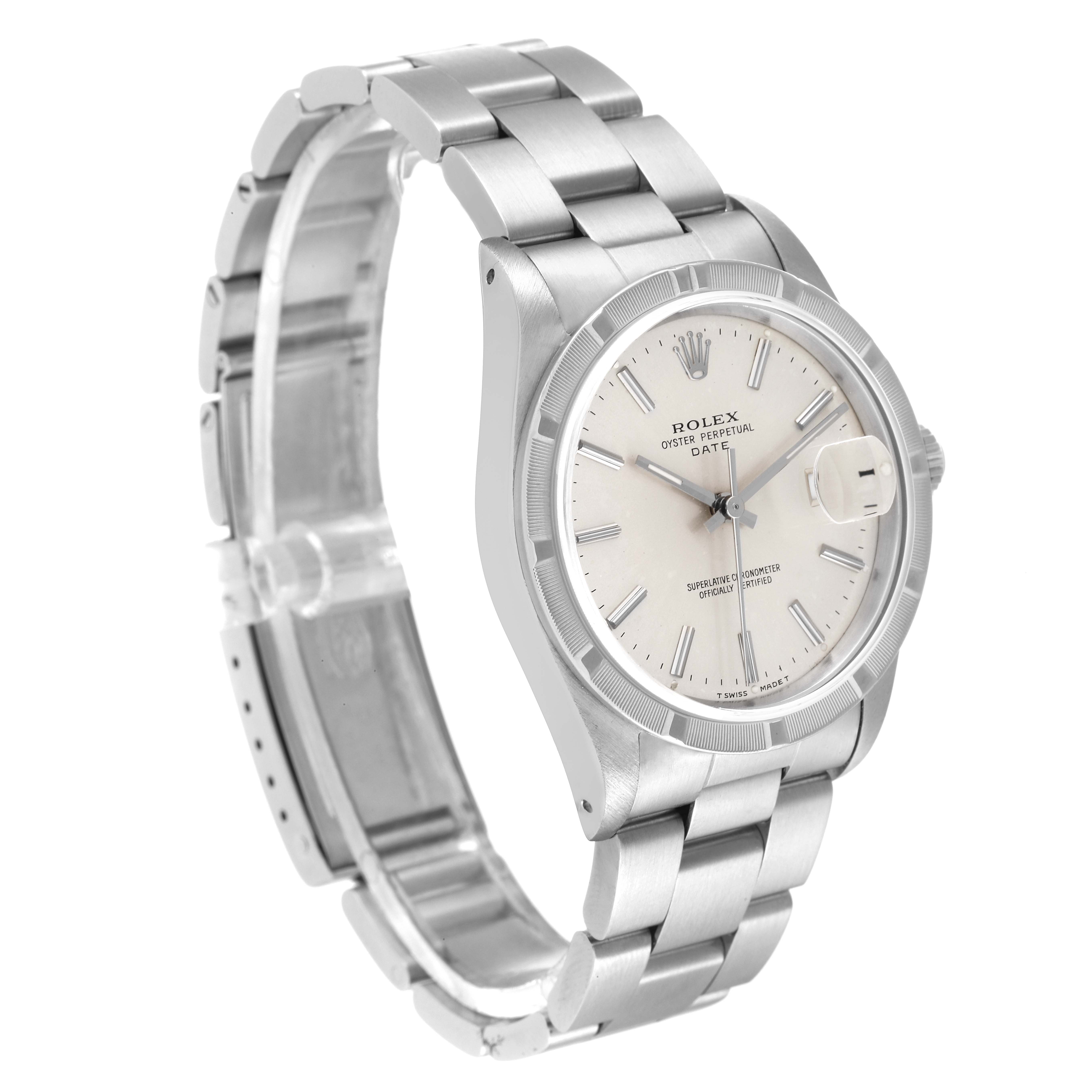 The image shows a side and partial top view of the Rolex Date 15210 Men's Stainless Steel Silver Dial 15210 Men's Stainless Steel Silver Dial model watch, highlighting the bracelet, dial, and date magnifier.