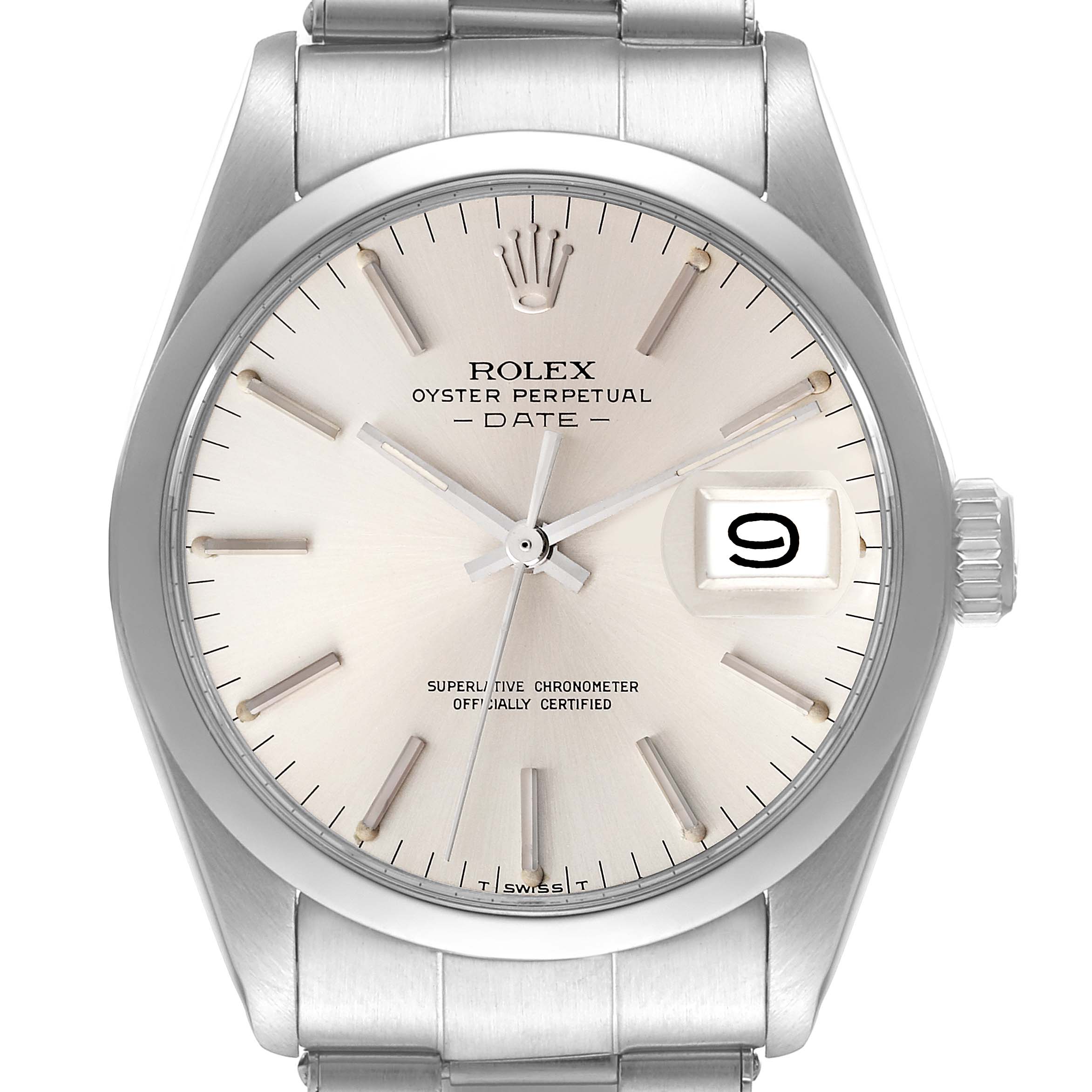 The image shows the front view of a Vintage Collection Rolex Oyster Perpetual Date watch.