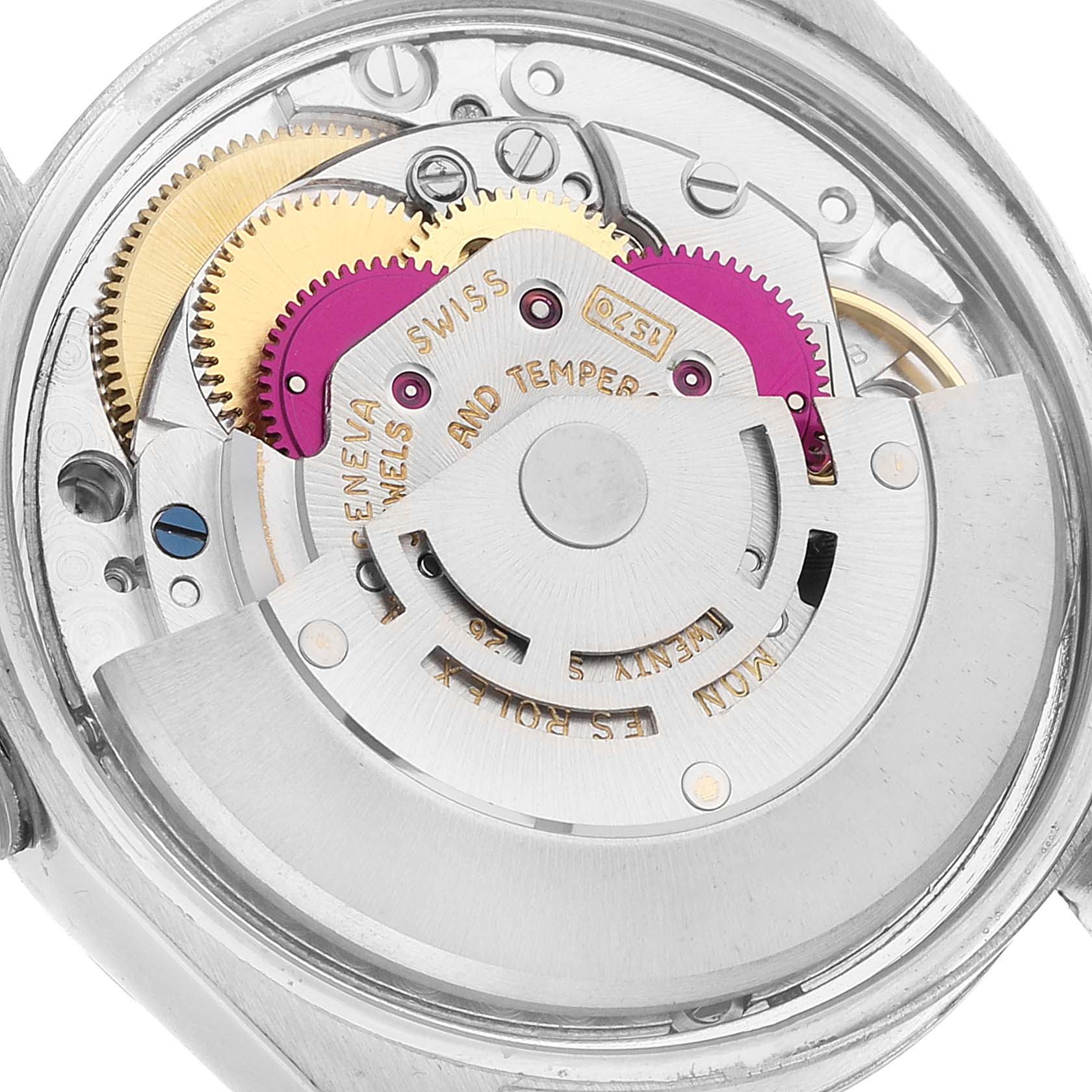 The image shows a close-up of the internal mechanical movement of a Rolex Vintage Collection 1500 Men
s Stainless Steel Silver Dial 1500 Men
s Stainless Steel Silver Dial watch.