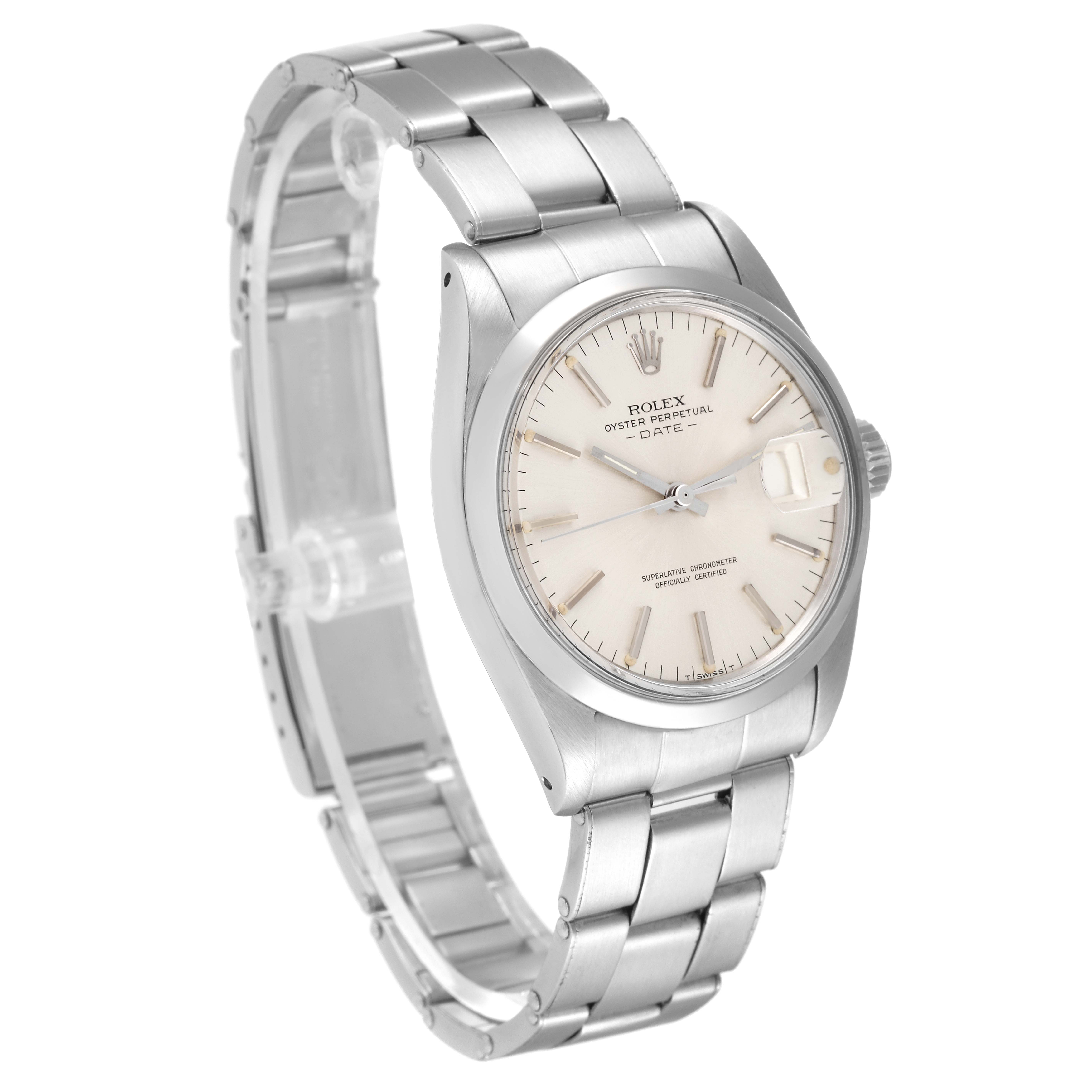This image shows a Vintage Collection Rolex Oyster Perpetual Date watch at an oblique angle highlighting the dial and bracelet.