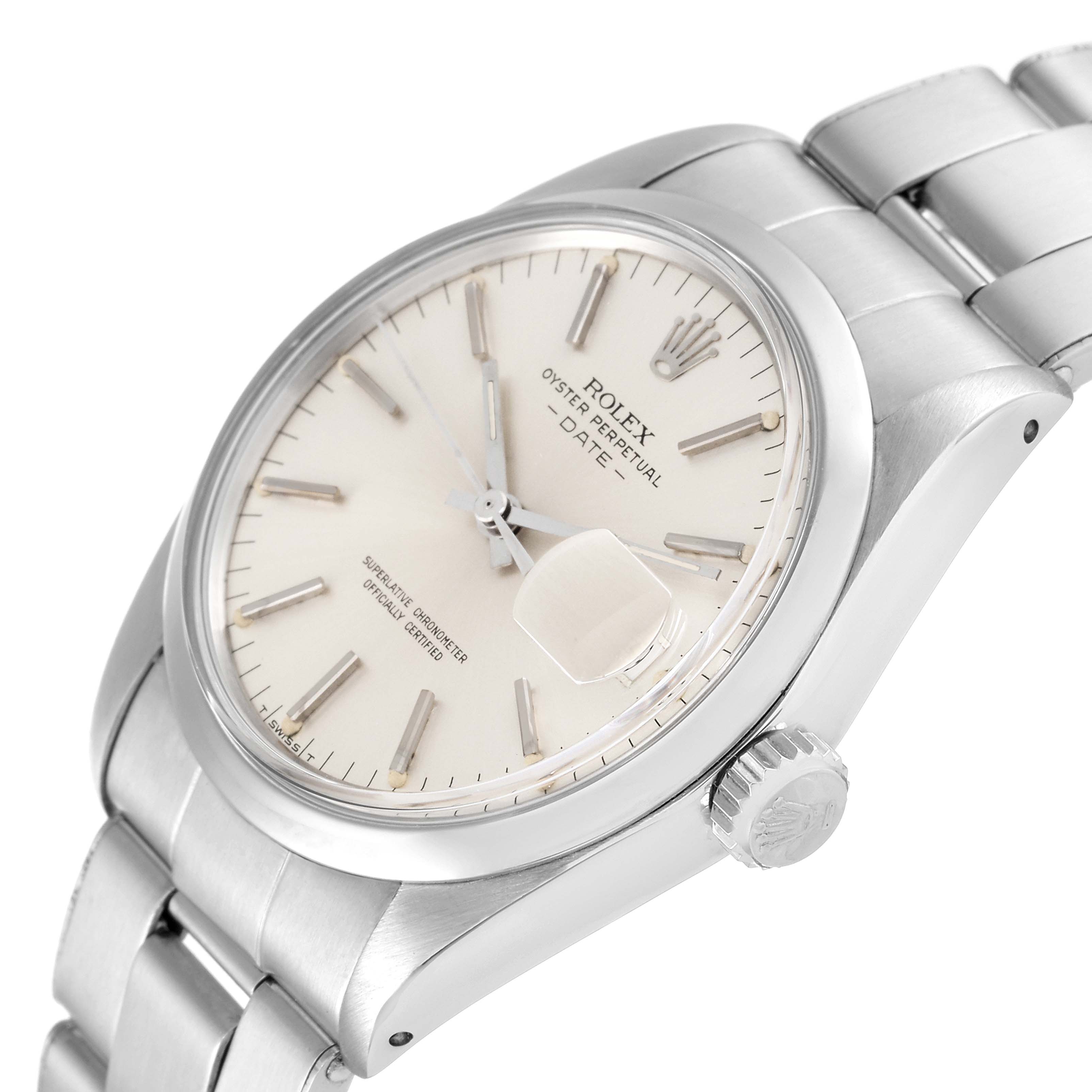 The image shows a side angle of the Rolex Vintage Collection 1500 Men
s Stainless Steel Silver Dial 1500 Men
s Stainless Steel Silver Dial model, highlighting the dial, crown, and bracelet.