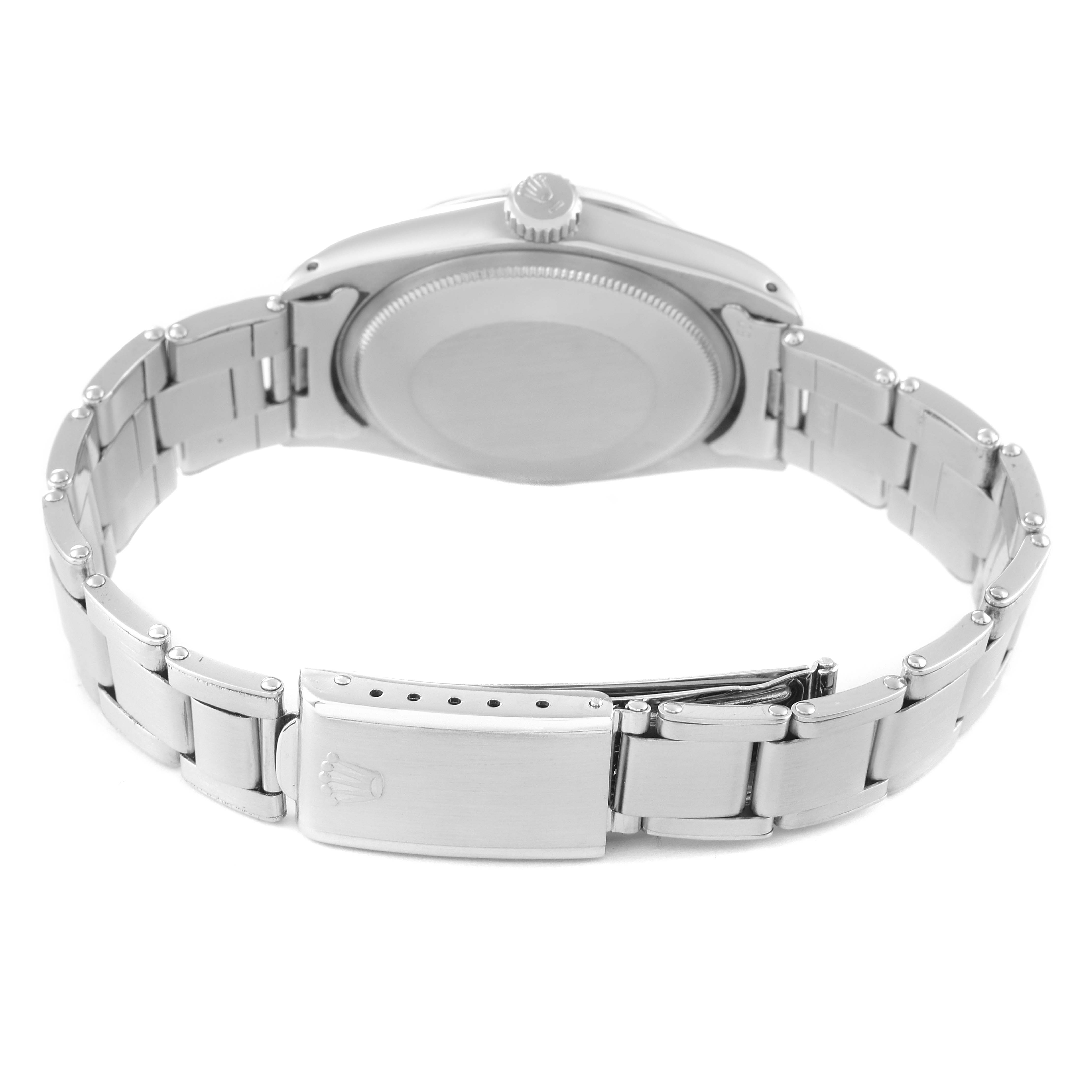 The image shows the back and clasp of a Rolex Vintage Collection 1500 Men
s Stainless Steel Silver Dial 1500 Men
s Stainless Steel Silver Dial model watch from a rear angle.