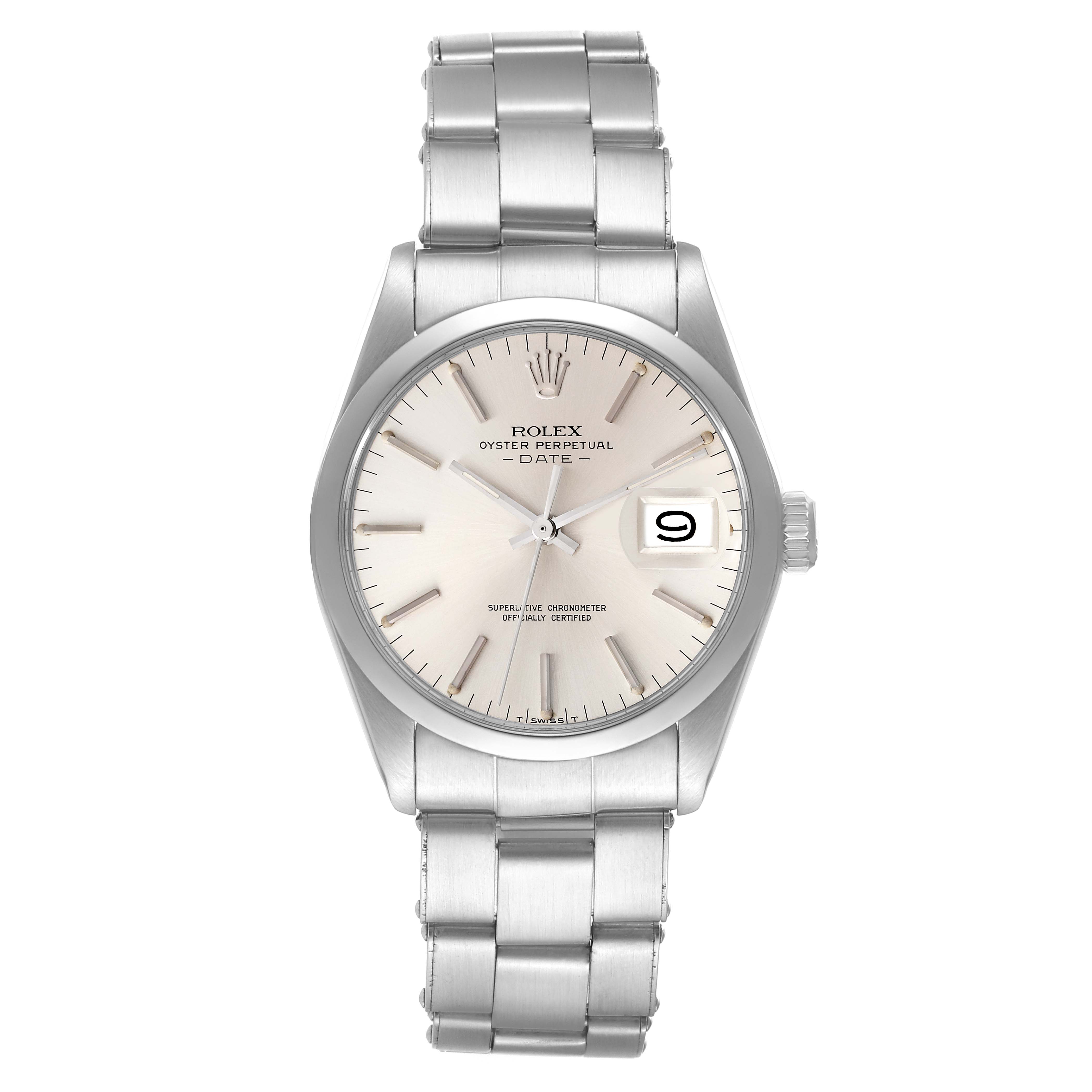 This image shows a front view of the Rolex Vintage Collection 1500 Men
s Stainless Steel Silver Dial 1500 Men
s Stainless Steel Silver Dial model, displaying the face, hands, and bracelet.