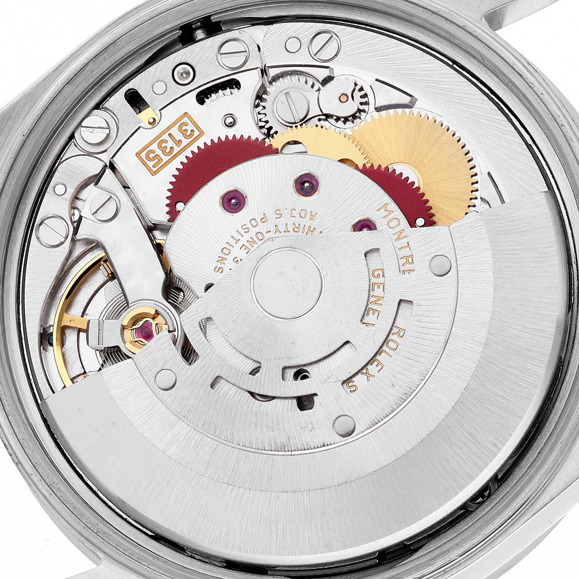 This is a close-up view of the movement inside a Rolex Date 15210 Men's Stainless Steel White Dial 15210 Men's Stainless Steel White Dial model watch, showing gears and the rotor.