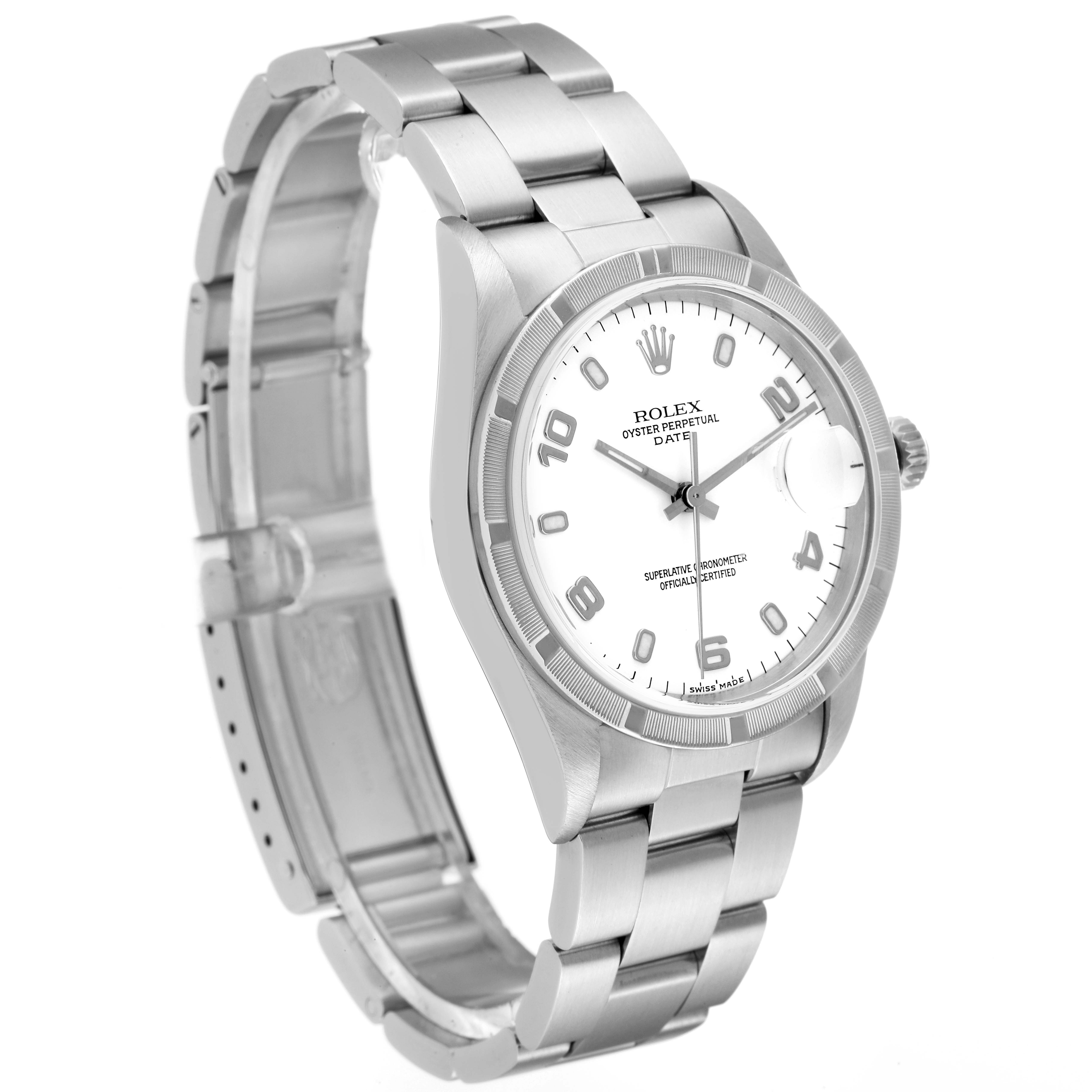 The image shows a Rolex Date 15210 Men's Stainless Steel White Dial 15210 Men's Stainless Steel White Dial model watch at a slight angle, displaying the face, crown, and band.