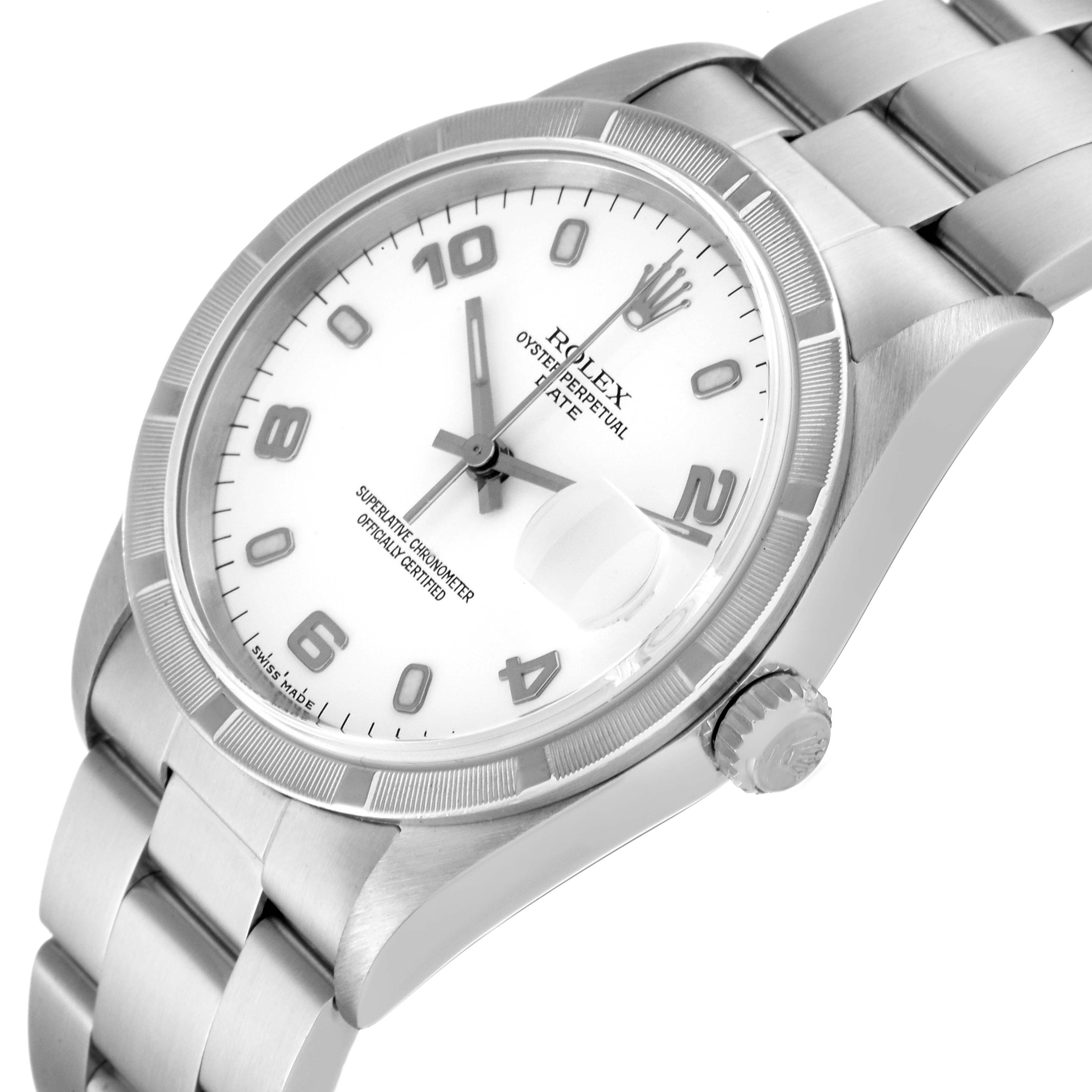 The image shows the dial, bezel, crown, and bracelet of a Rolex Date 15210 Men's Stainless Steel White Dial 15210 Men's Stainless Steel White Dial model watch, viewed from an angled perspective.