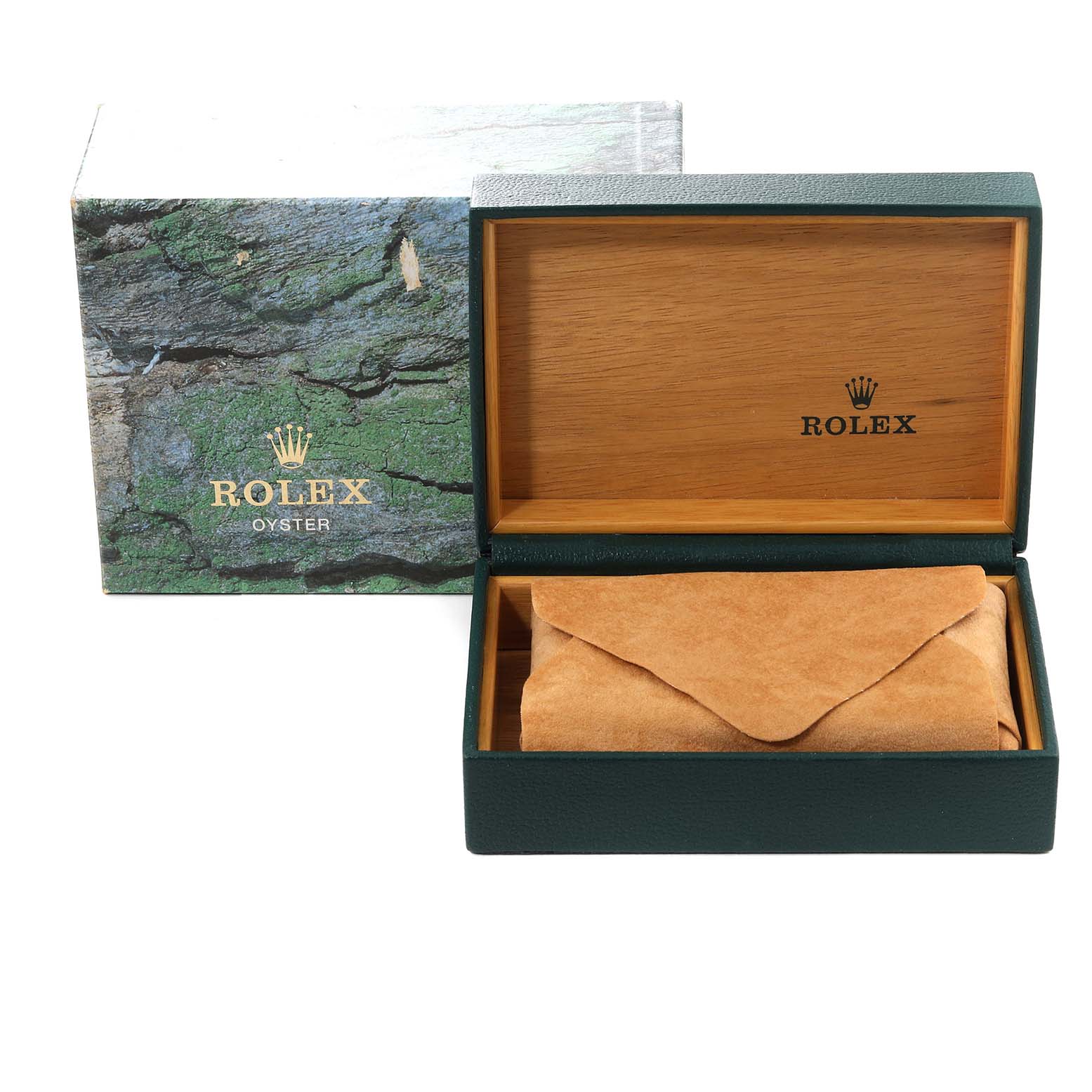 The image shows the packaging for a Rolex Date 15210 Men's Stainless Steel White Dial 15210 Men's Stainless Steel White Dial model watch, including an outer box, inner presentation box, and a suede watch pouch.