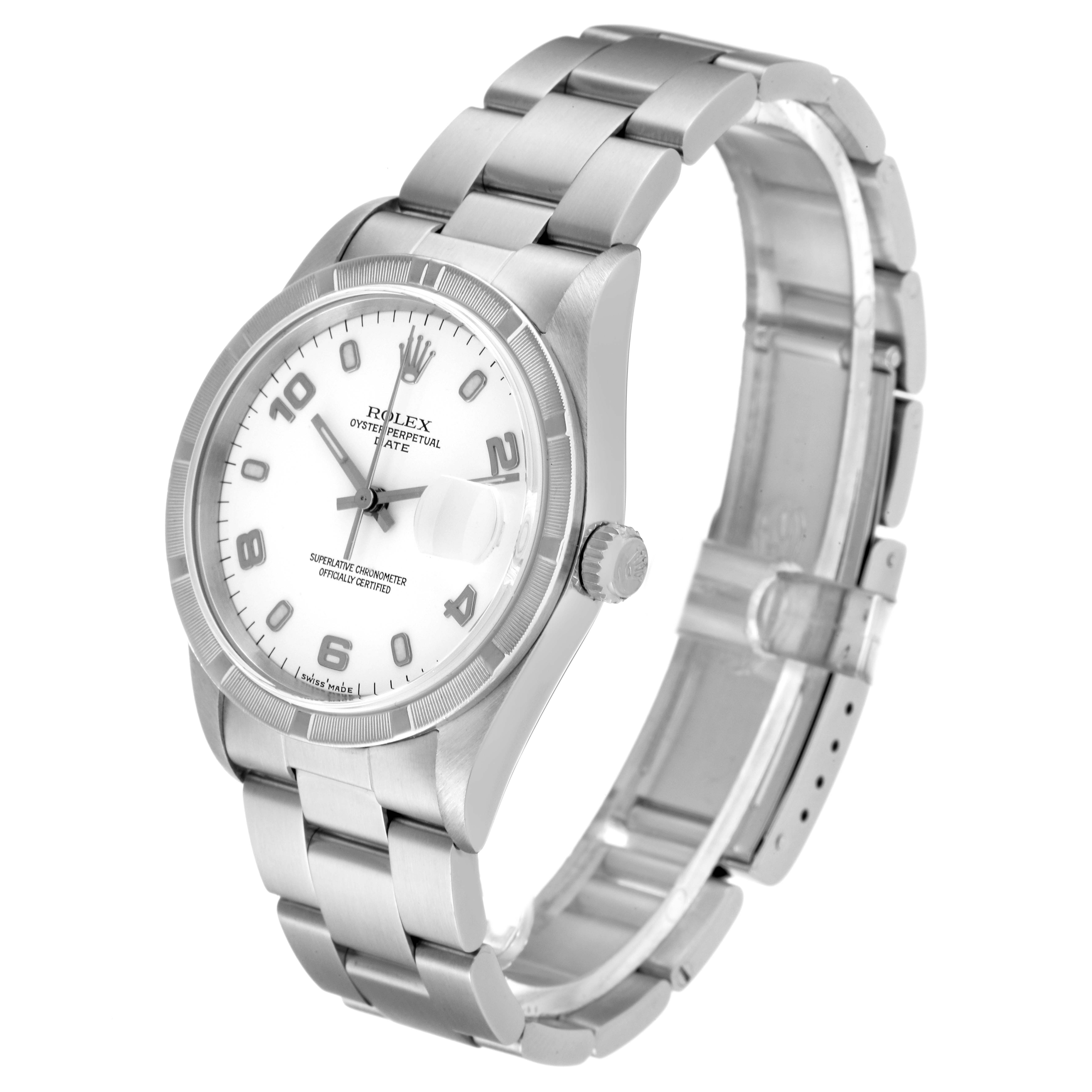 The Rolex Date 15210 Men's Stainless Steel White Dial 15210 Men's Stainless Steel White Dial model watch is shown at a slight angled side view, displaying its face, bracelet, and clasp.