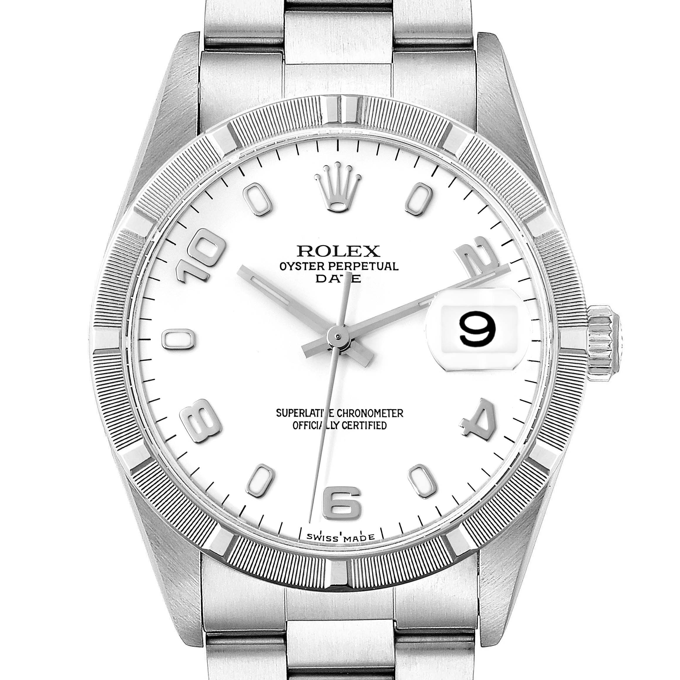 The image shows a front view of the Rolex Oyster Perpetual Date watch, highlighting the dial, bezel, and bracelet.