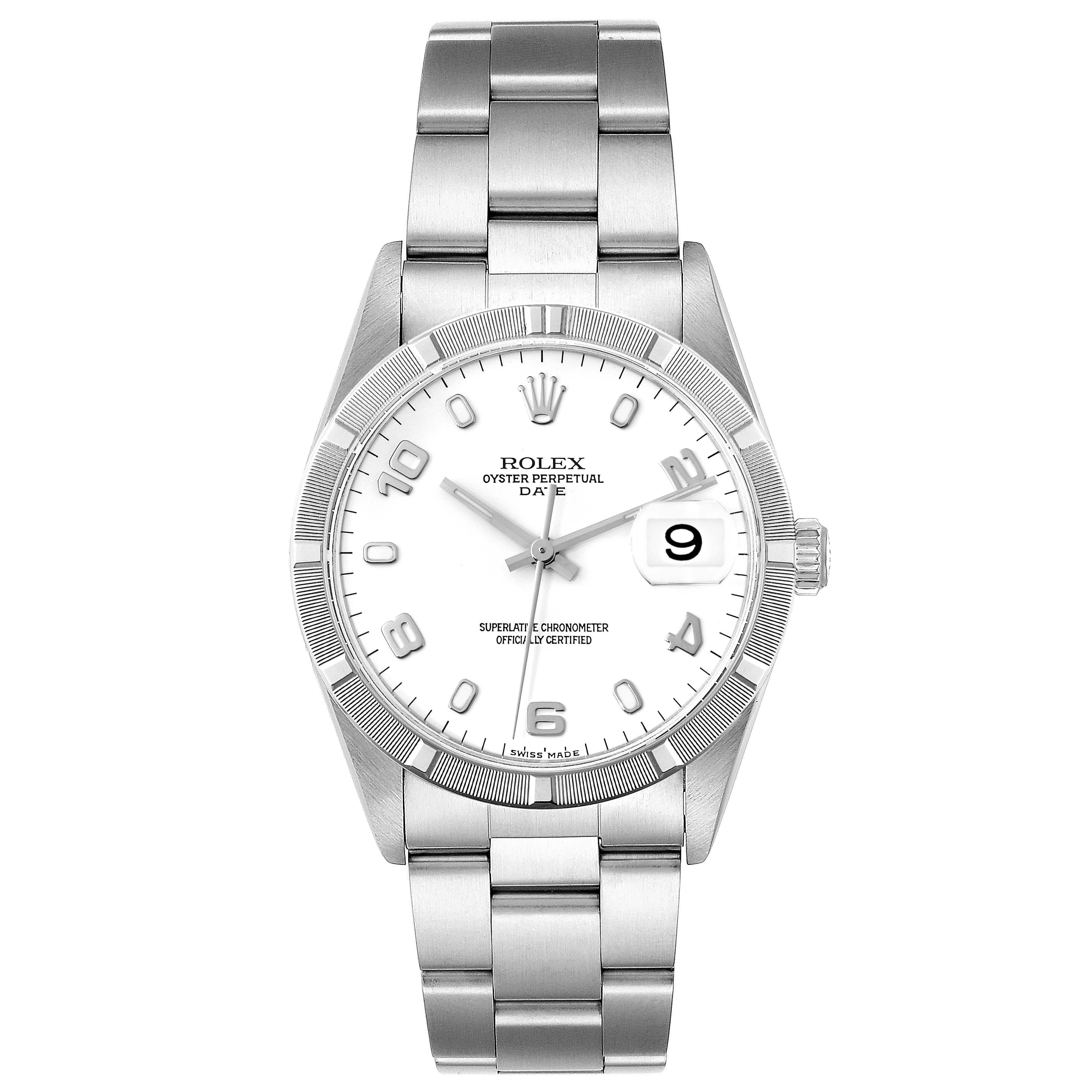 The image shows a front view of a Rolex Date 15210 Men's Stainless Steel White Dial 15210 Men's Stainless Steel White Dial model, highlighting its dial, bezel, crown, and bracelet.