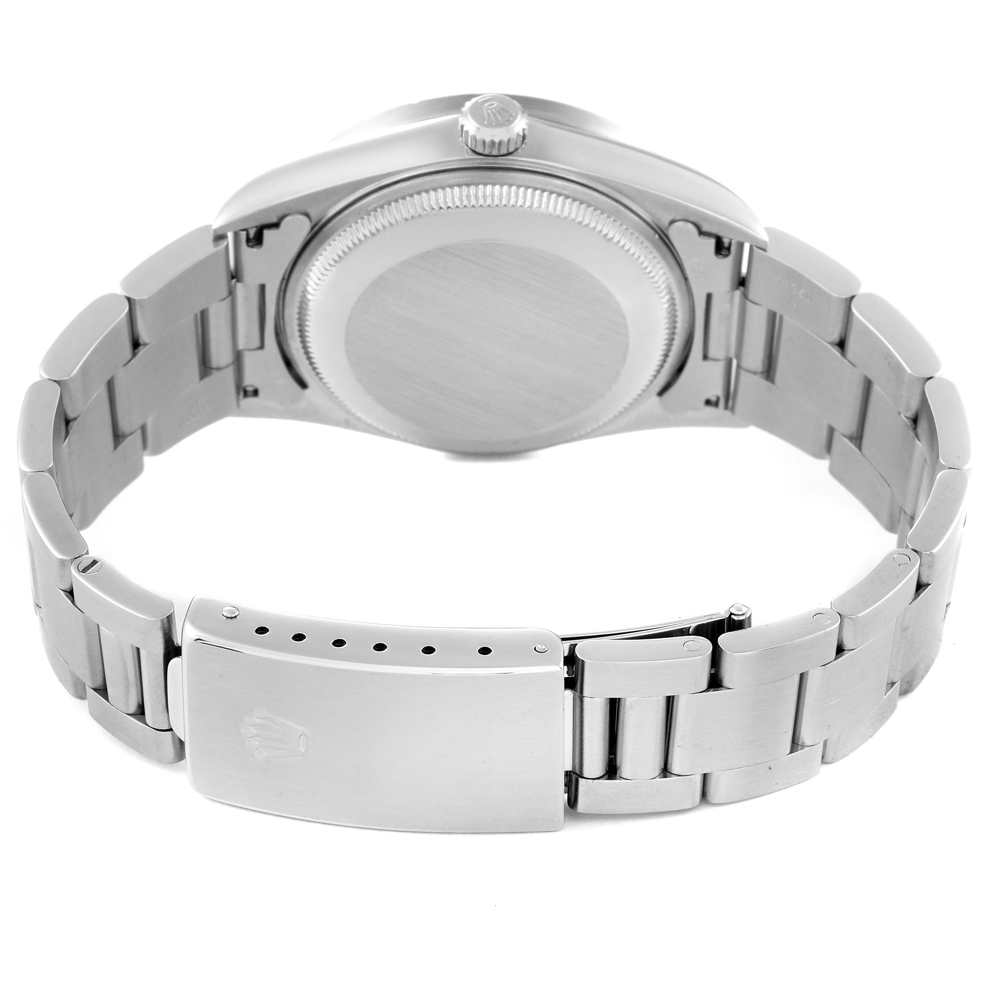 The image shows the back view of a Rolex Date 15210 Men's Stainless Steel White Dial 15210 Men's Stainless Steel White Dial model watch, highlighting the case back, crown, clasp, and bracelet.