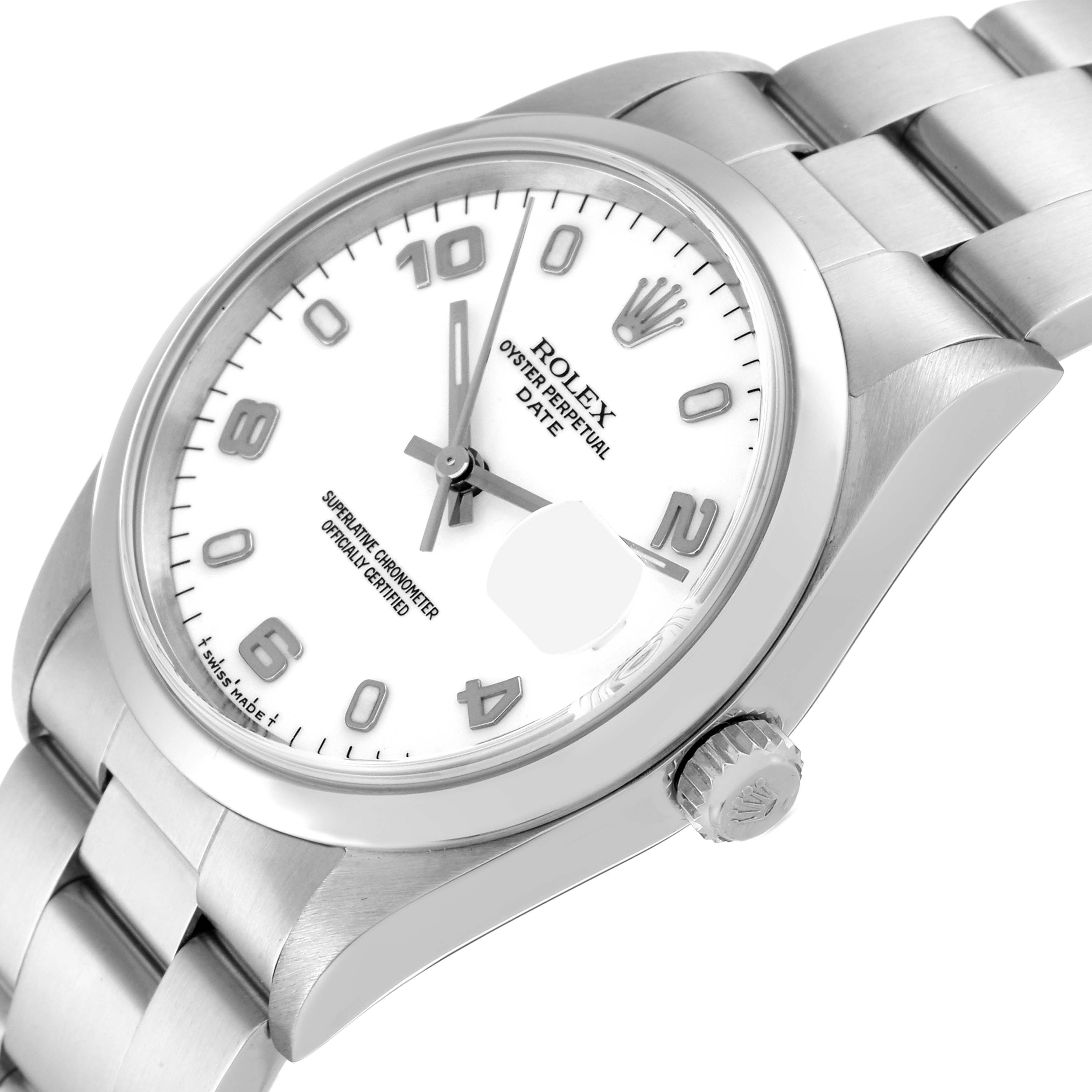 The image shows a close-up angle of the Rolex Date 15200 Men's Stainless Steel White Dial 15200 Men's Stainless Steel White Dial model, displaying its face, bezel, crown, and part of the bracelet.