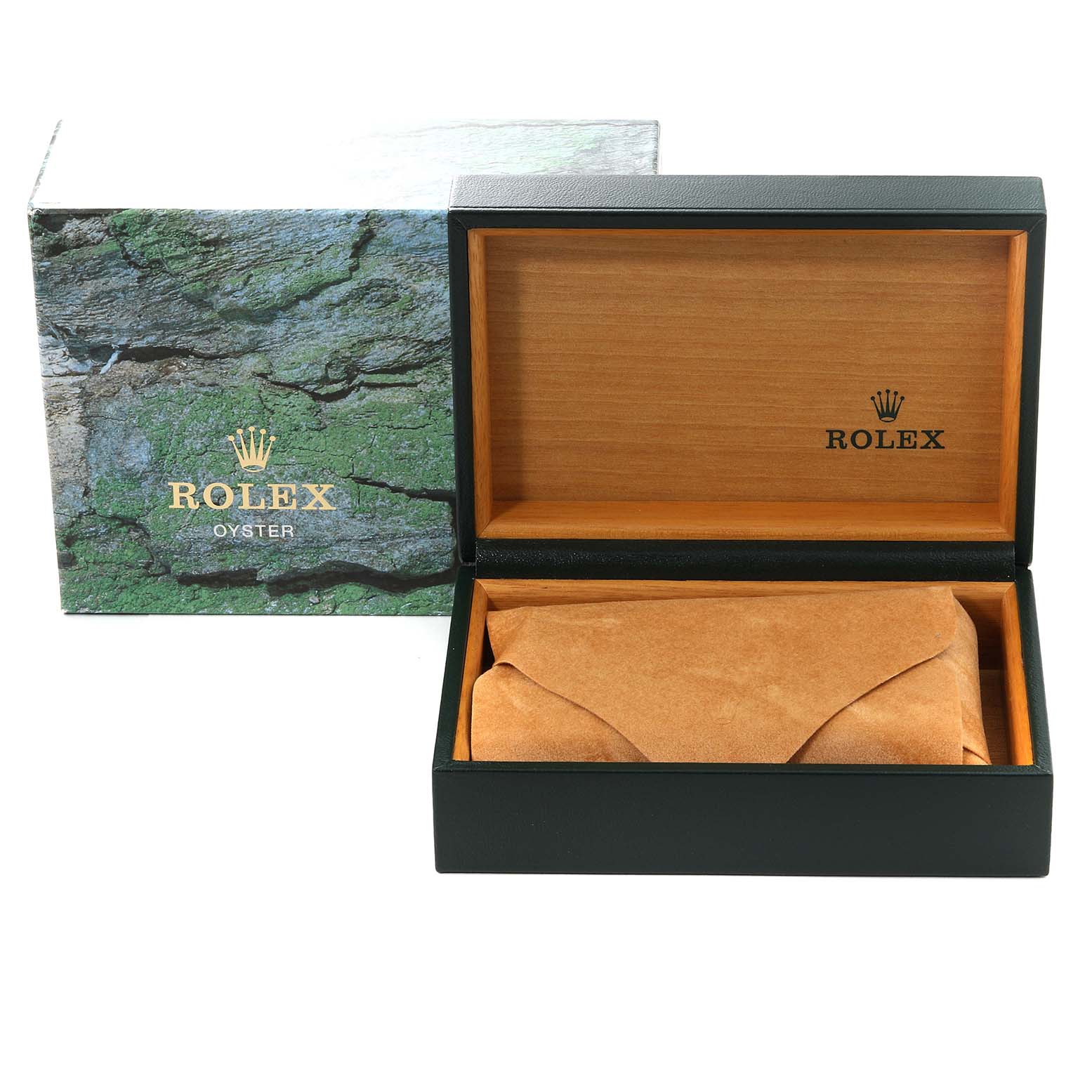 The image shows the packaging for a Rolex Date 15200 Men's Stainless Steel White Dial 15200 Men's Stainless Steel White Dial model, including a green outer box and an open wooden inner box with a leather pouch inside.
