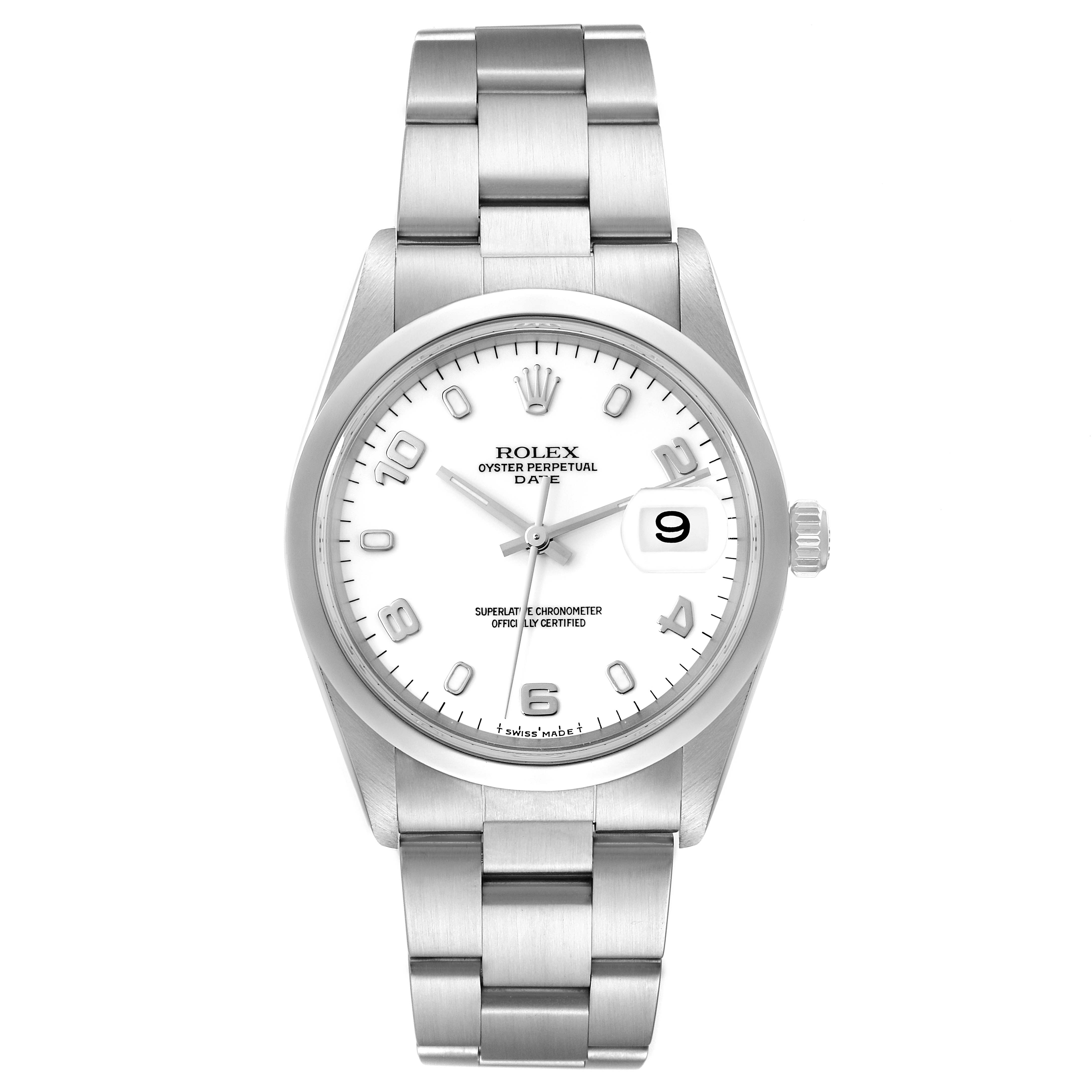The image shows a Rolex Date 15200 Men's Stainless Steel White Dial 15200 Men's Stainless Steel White Dial model watch with a white dial, stainless steel bracelet, and date window at the 3 o'clock position.