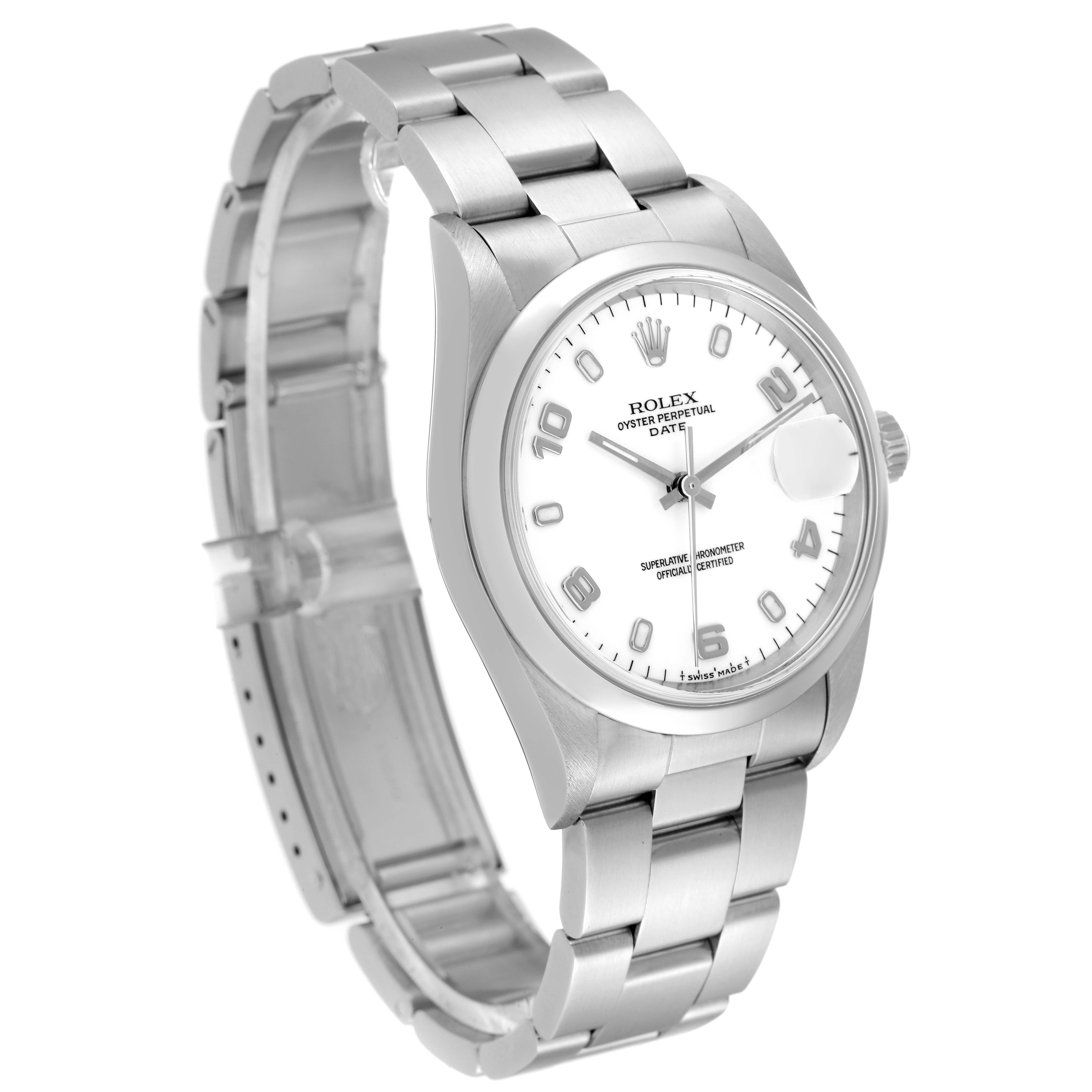 The image shows a side angle of the Rolex Date 15200 Men's Stainless Steel White Dial 15200 Men's Stainless Steel White Dial model, including the bracelet, case, crown, and dial.