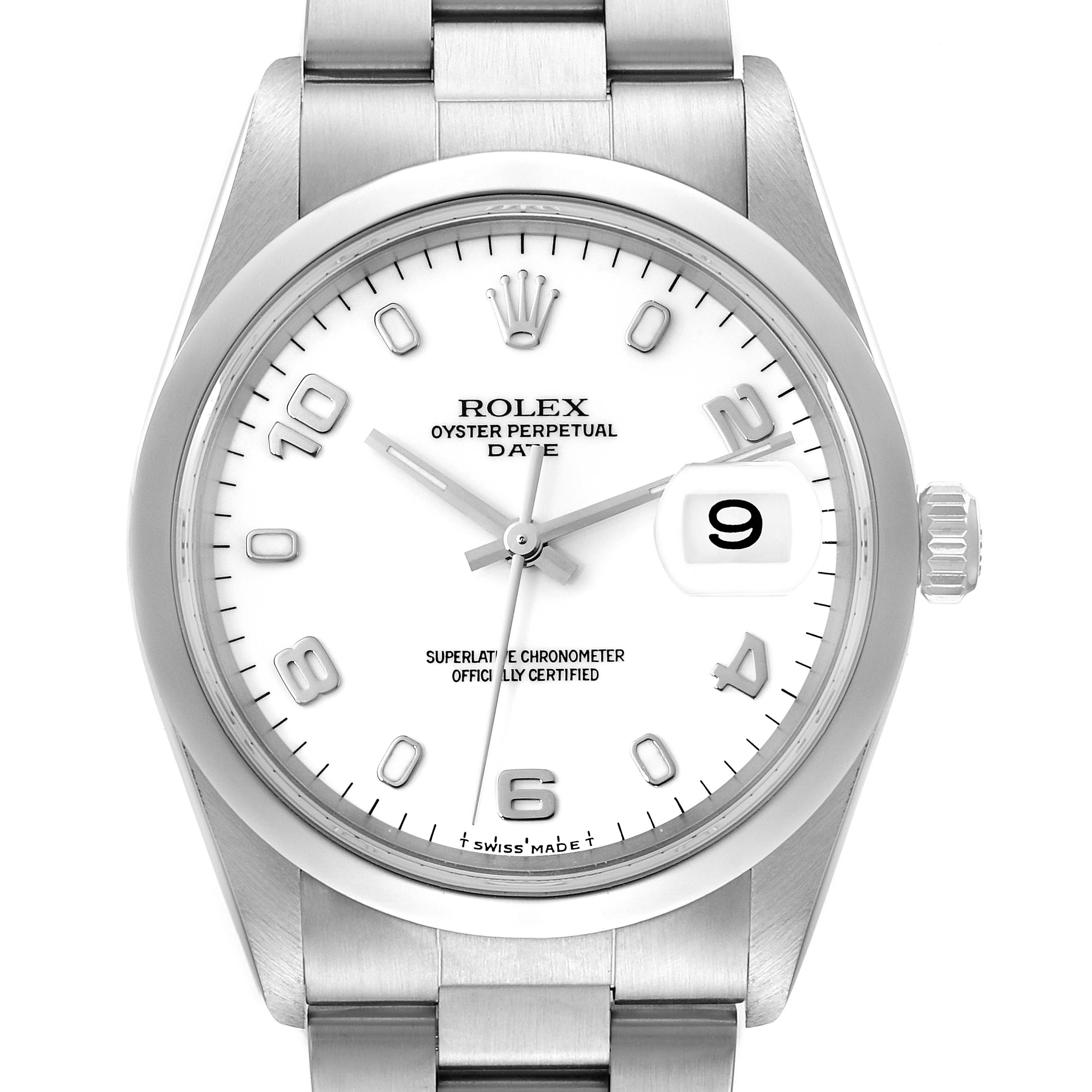 This image shows a Rolex Date 15200 Men's Stainless Steel White Dial 15200 Men's Stainless Steel White Dial model watch from a front view, highlighting its dial, hands, date window, and part of the bracelet.