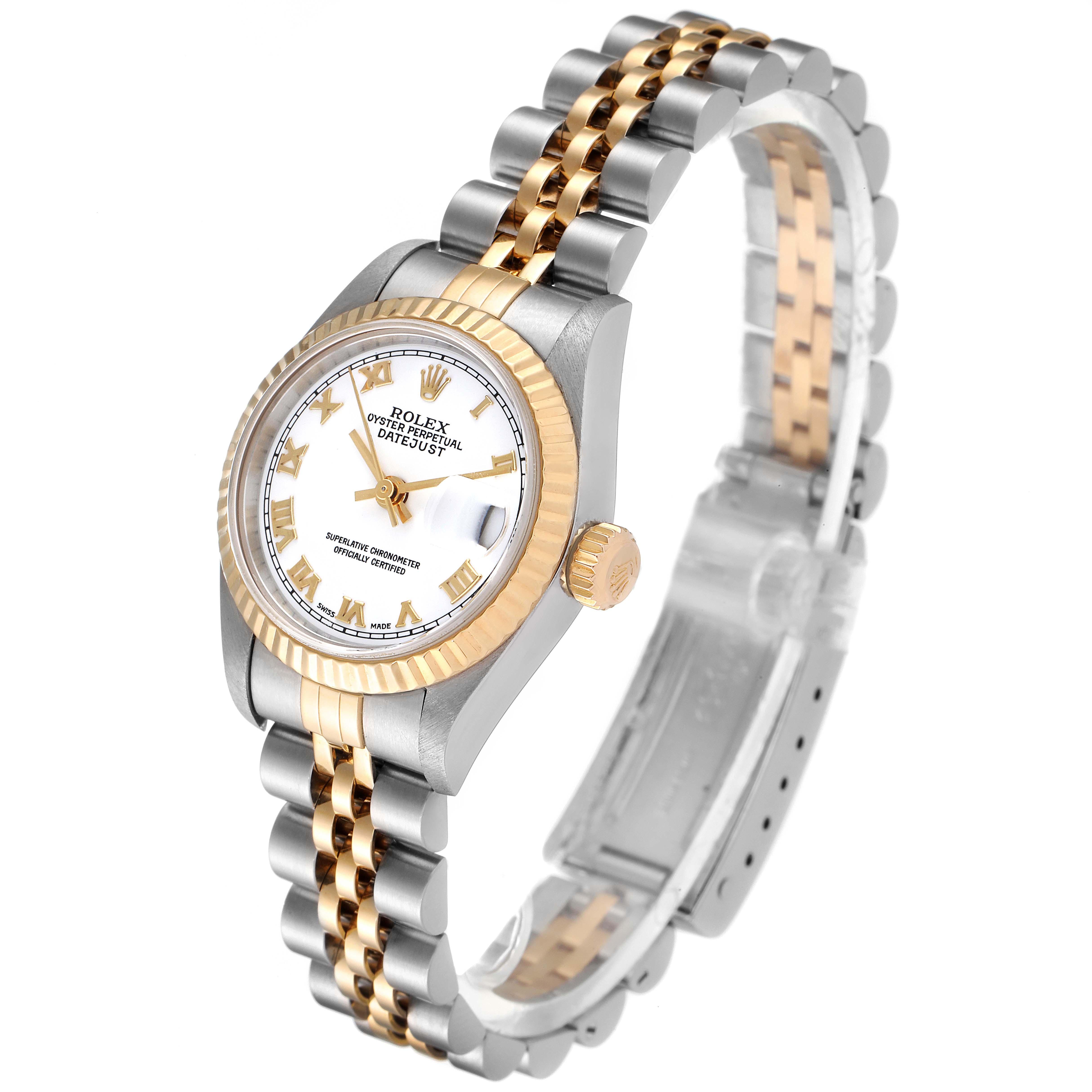 The image shows a Rolex Datejust 79173 Women's Steel and Gold (two tone) White Dial 79173 Women's Steel and Gold (two tone) White Dial watch from a side angle, highlighting its two-tone bracelet, fluted bezel, and white dial with gold indices.