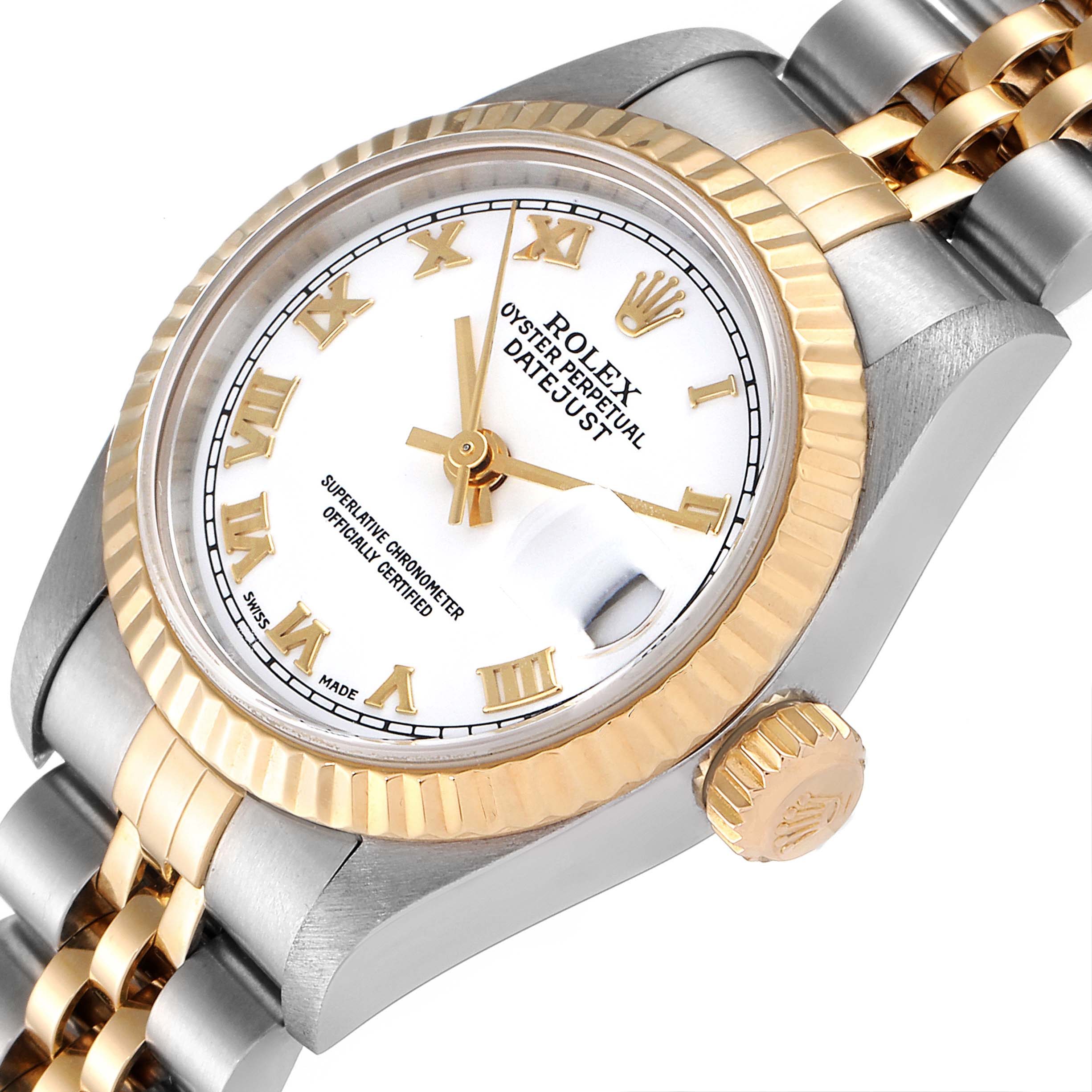 The image showcases a Rolex Datejust 79173 Women's Steel and Gold (two tone) White Dial 79173 Women's Steel and Gold (two tone) White Dial watch at an angle, highlighting the face, bezel, crown, and part of the bracelet.