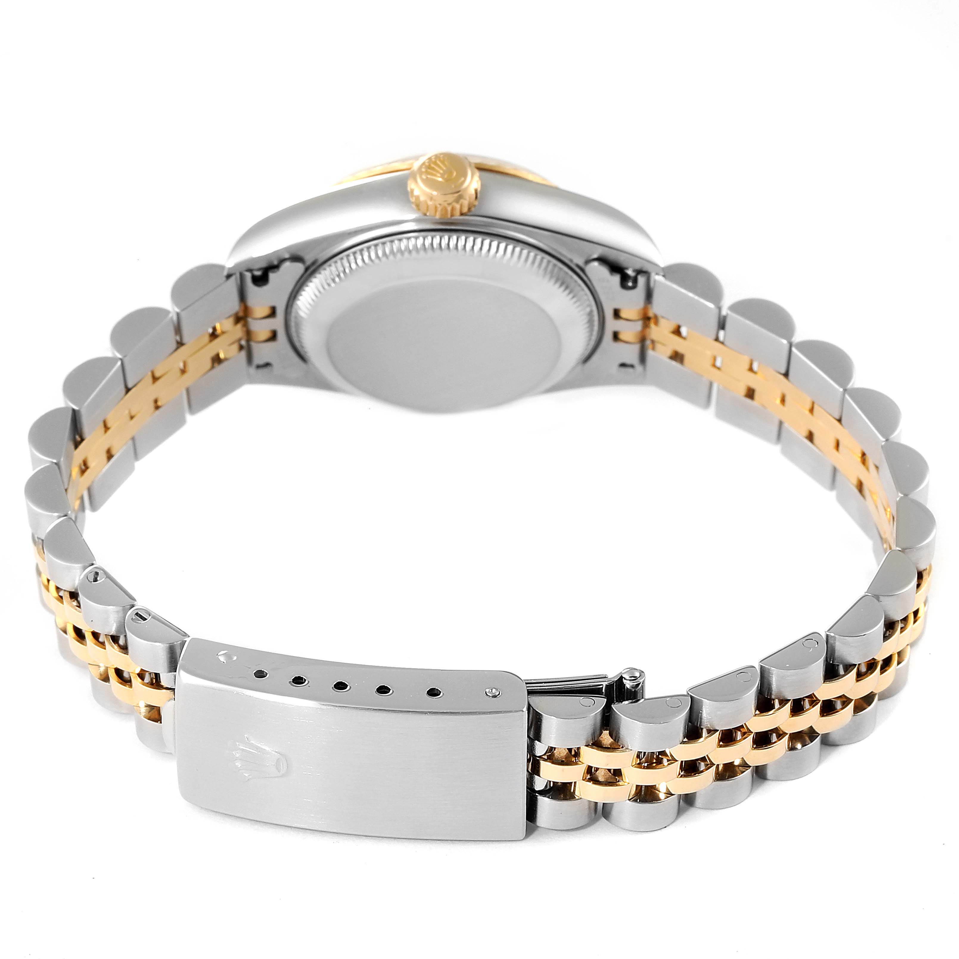 The image shows the back view of a Rolex Datejust 79173 Women's Steel and Gold (two tone) White Dial 79173 Women's Steel and Gold (two tone) White Dial watch, highlighting its two-tone bracelet and clasp.