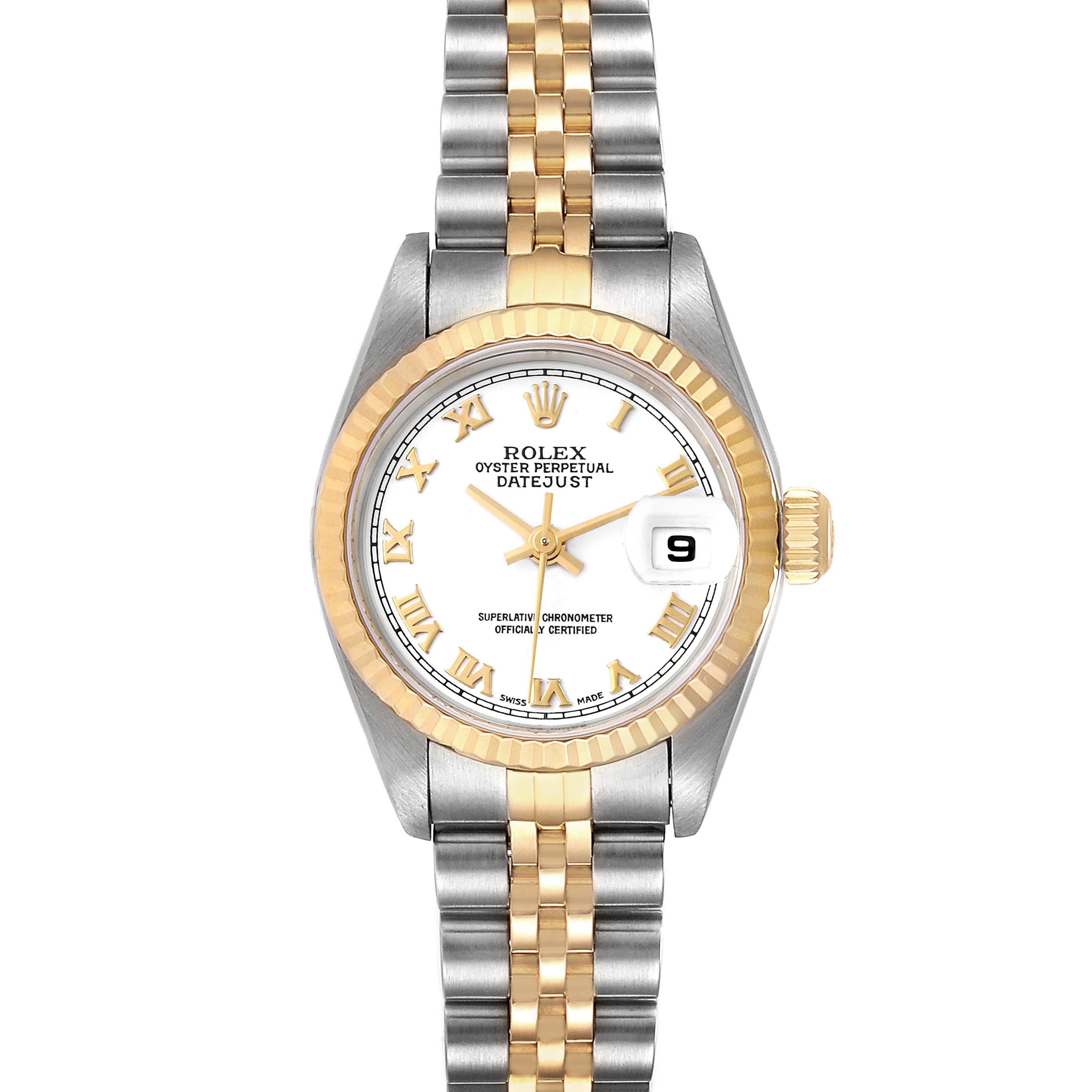 This Rolex Datejust 79173 Women's Steel and Gold (two tone) White Dial 79173 Women's Steel and Gold (two tone) White Dial watch is shown from a front angle, displaying its dial, bracelet, and crown.