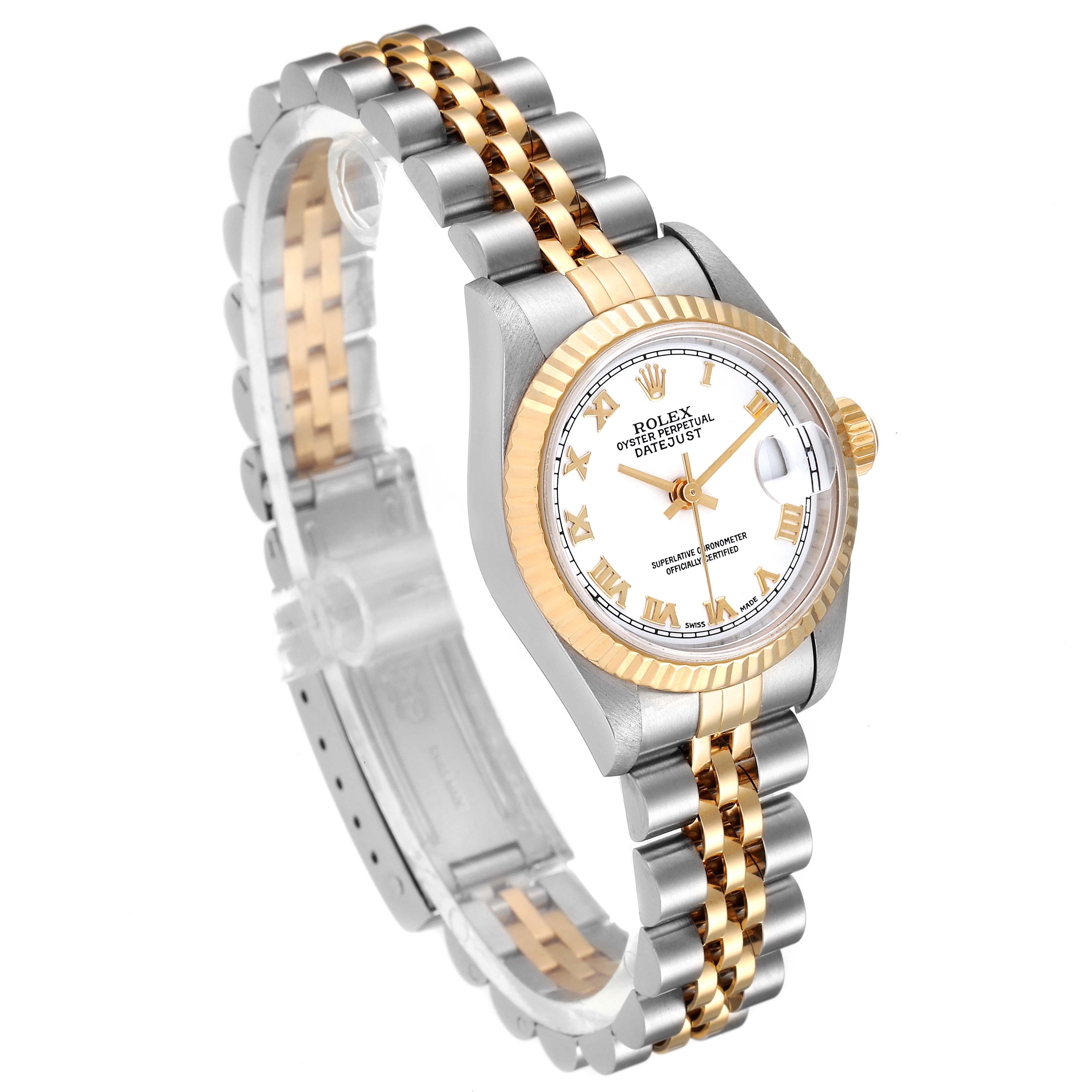 The image shows a Rolex Datejust 79173 Women's Steel and Gold (two tone) White Dial 79173 Women's Steel and Gold (two tone) White Dial watch at an angled side view displaying its dial, bezel, and bracelet.