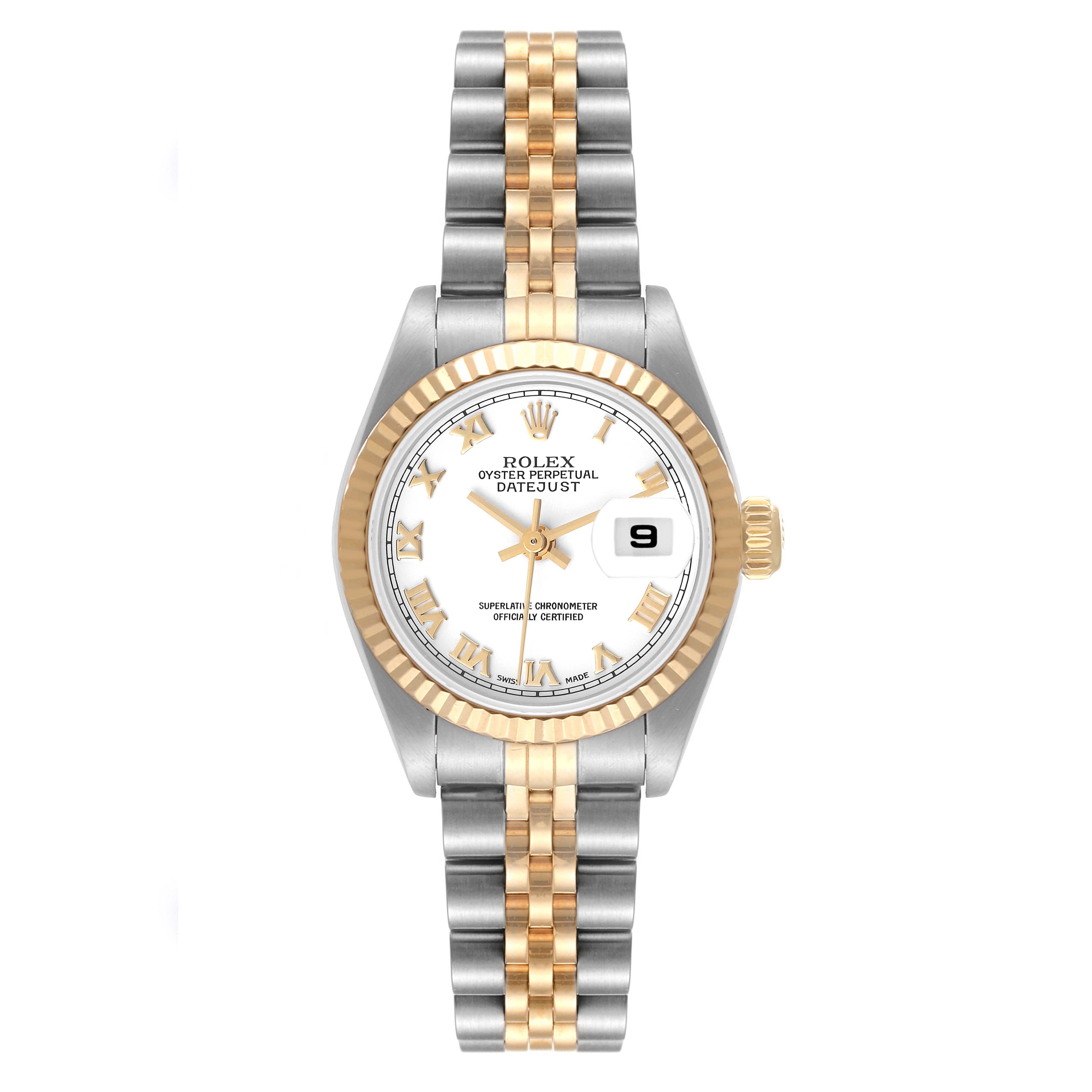 This image shows the Rolex Datejust 79173 Women's Steel and Gold (two tone) White Dial 79173 Women's Steel and Gold (two tone) White Dial watch from a front view, highlighting the face, band, and bezel.