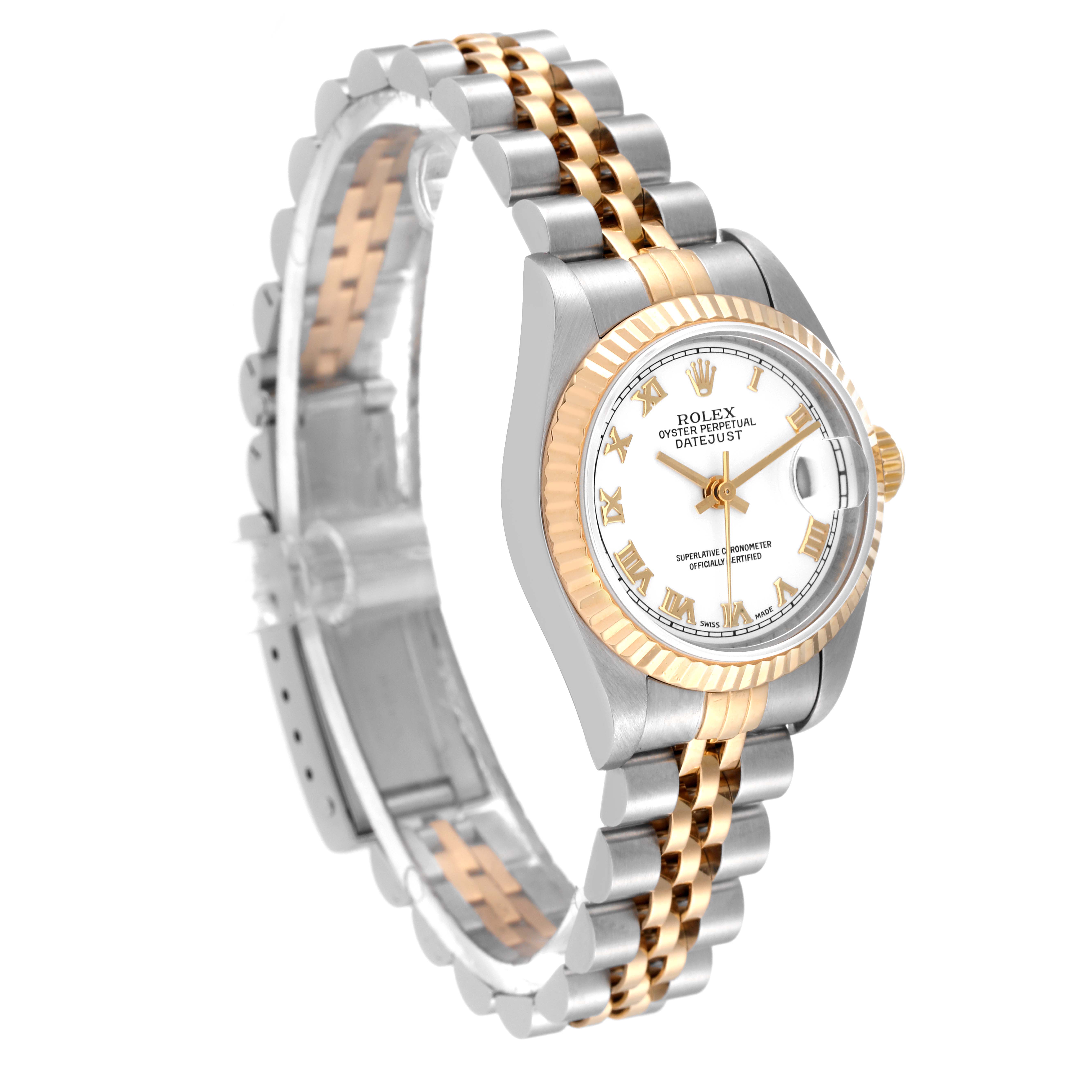 This image shows the Rolex Datejust 79173 Women's Steel and Gold (two tone) White Dial 79173 Women's Steel and Gold (two tone) White Dial watch at a three-quarter angle, displaying the dial, bezel, and bracelet.