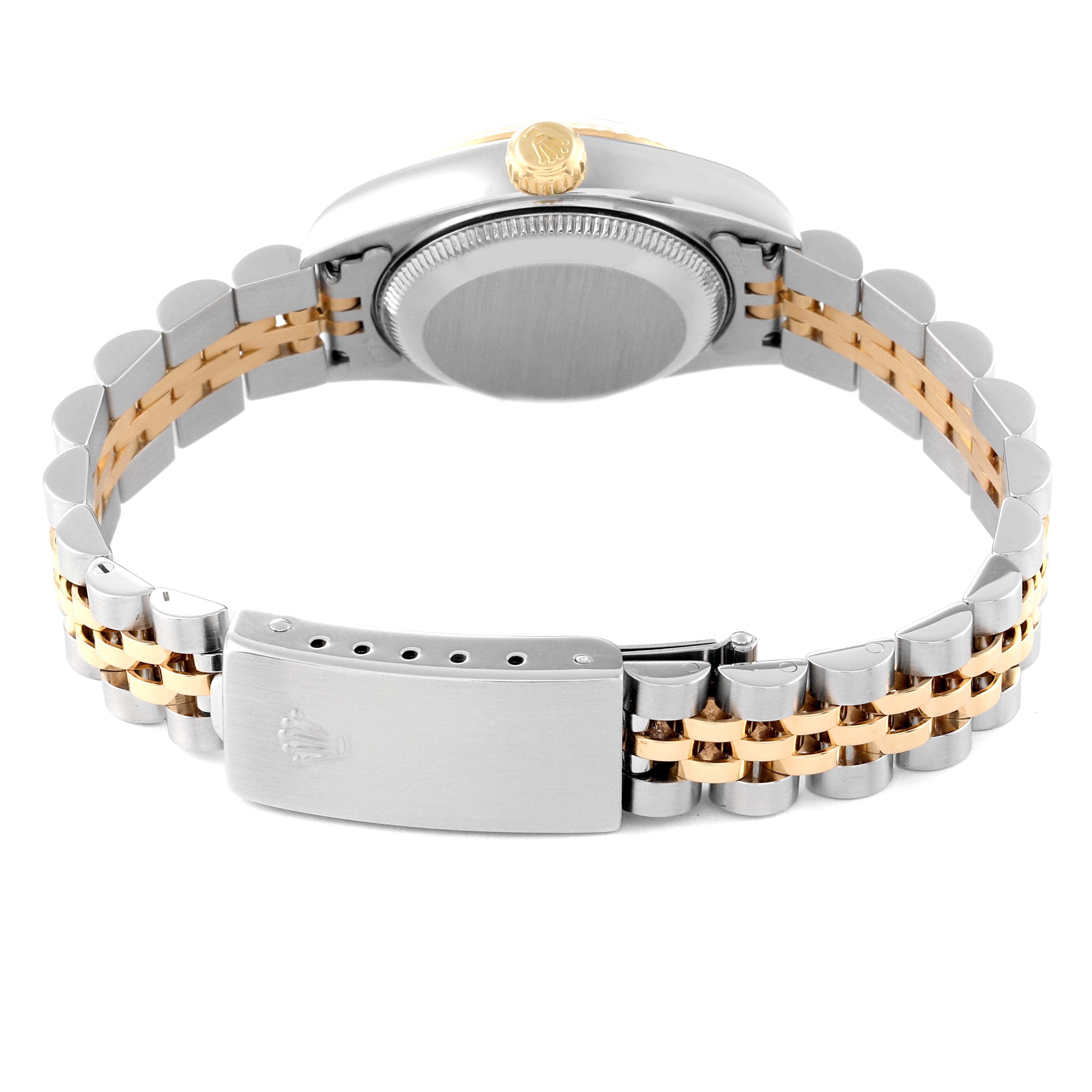 The image shows the back of a Rolex Datejust 79173 Women's Steel and Gold (two tone) White Dial 79173 Women's Steel and Gold (two tone) White Dial watch, highlighting its two-tone bracelet and closed clasp.
