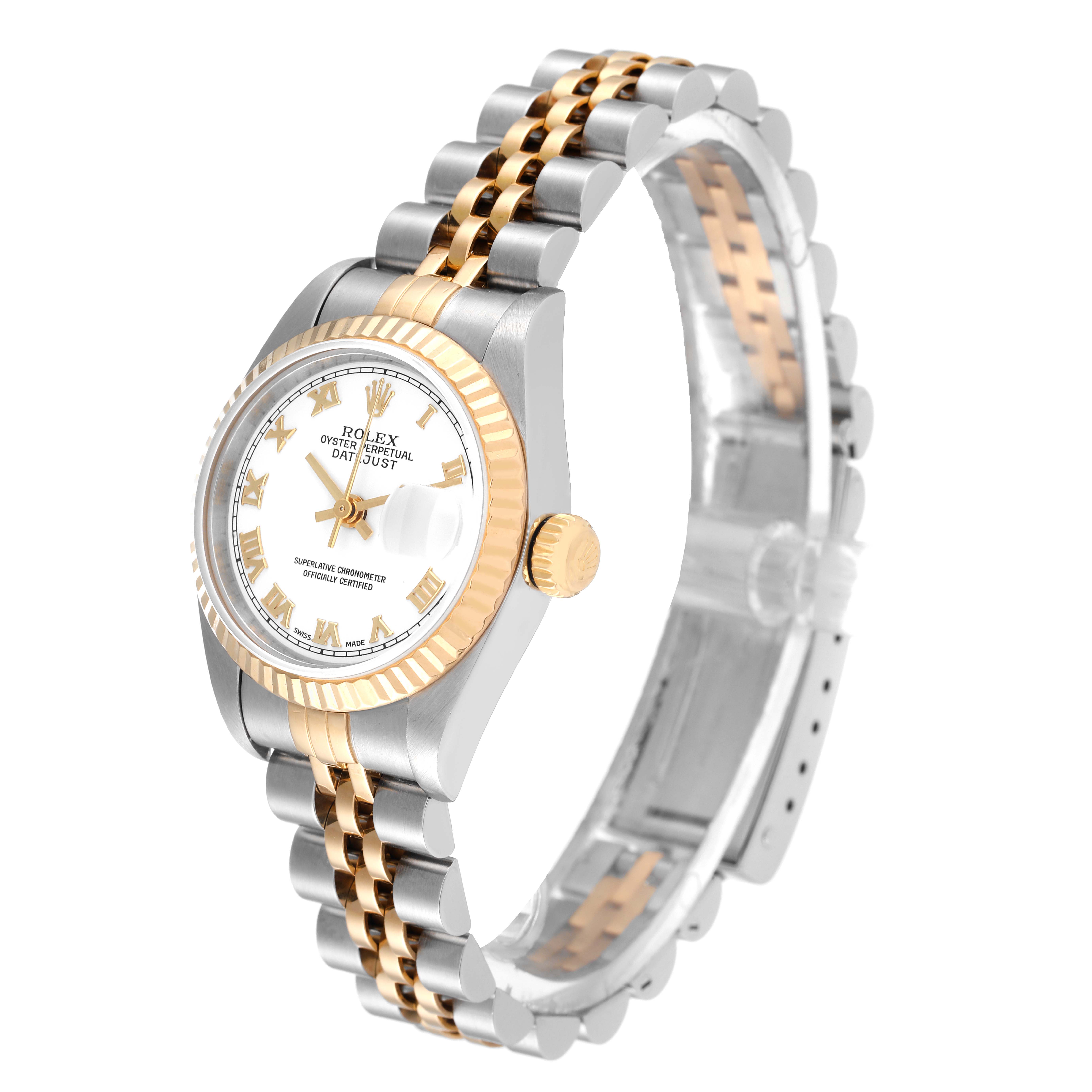 The image shows a Rolex Datejust 79173 Women's Steel and Gold (two tone) White Dial 79173 Women's Steel and Gold (two tone) White Dial watch from a three-quarter angle, highlighting the dial, bezel, crown, and bracelet.
