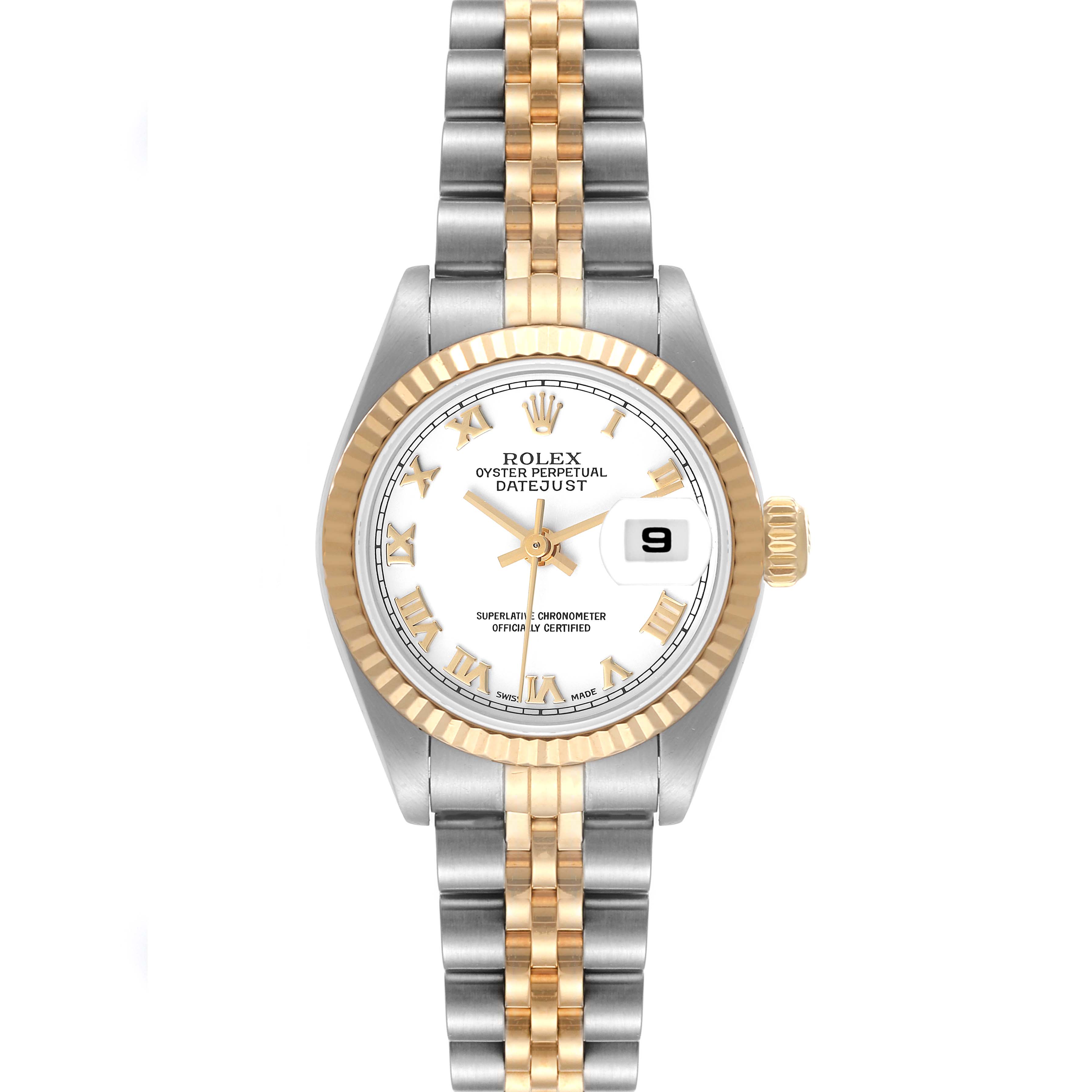 The image shows a frontal view of the Rolex Datejust 79173 Women's Steel and Gold (two tone) White Dial 79173 Women's Steel and Gold (two tone) White Dial watch, showcasing its dial, bezel, crown, and two-tone bracelet.