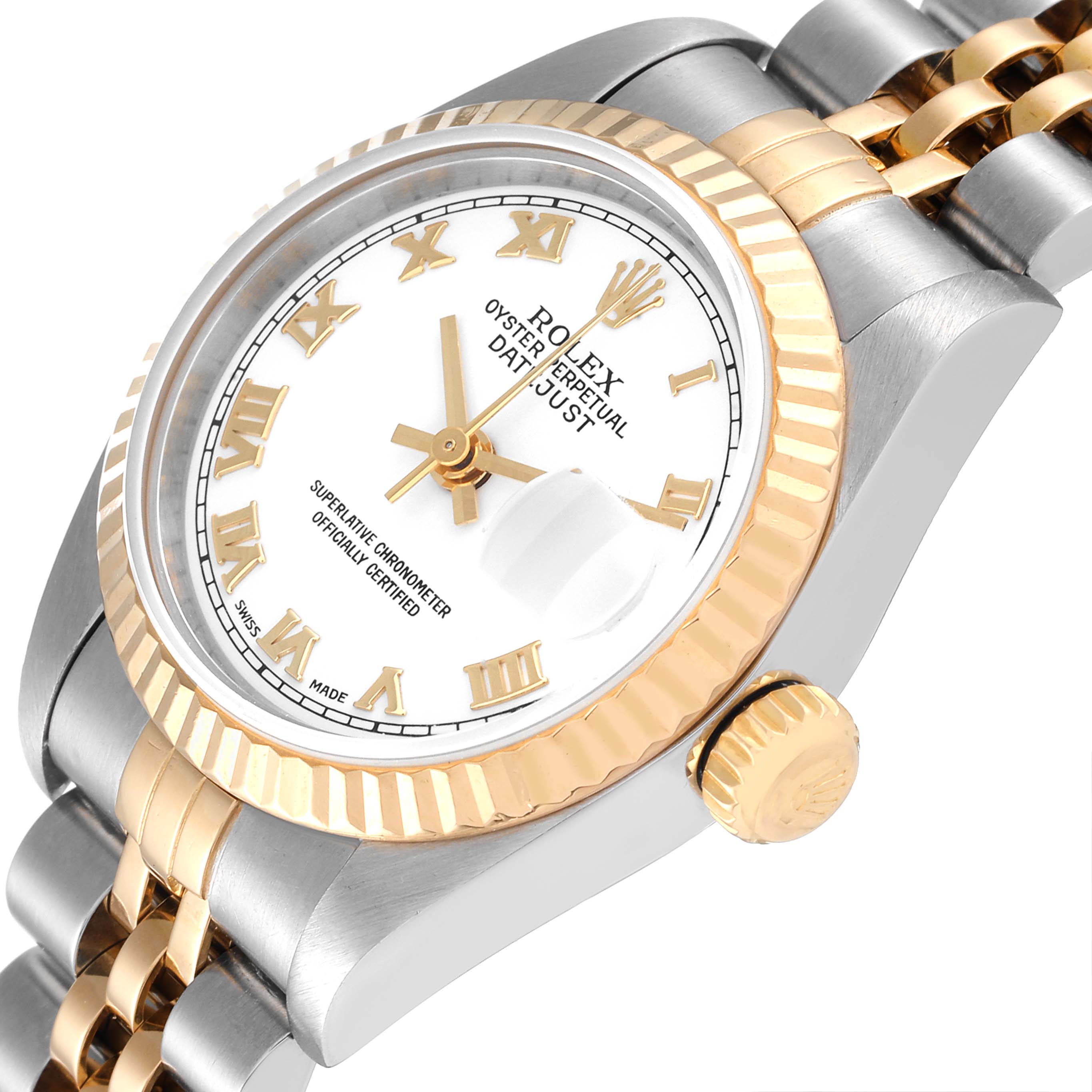 The image shows a close-up angled view of a Rolex Datejust 79173 Women's Steel and Gold (two tone) White Dial 79173 Women's Steel and Gold (two tone) White Dial watch, highlighting the bezel, crown, and part of the bracelet.