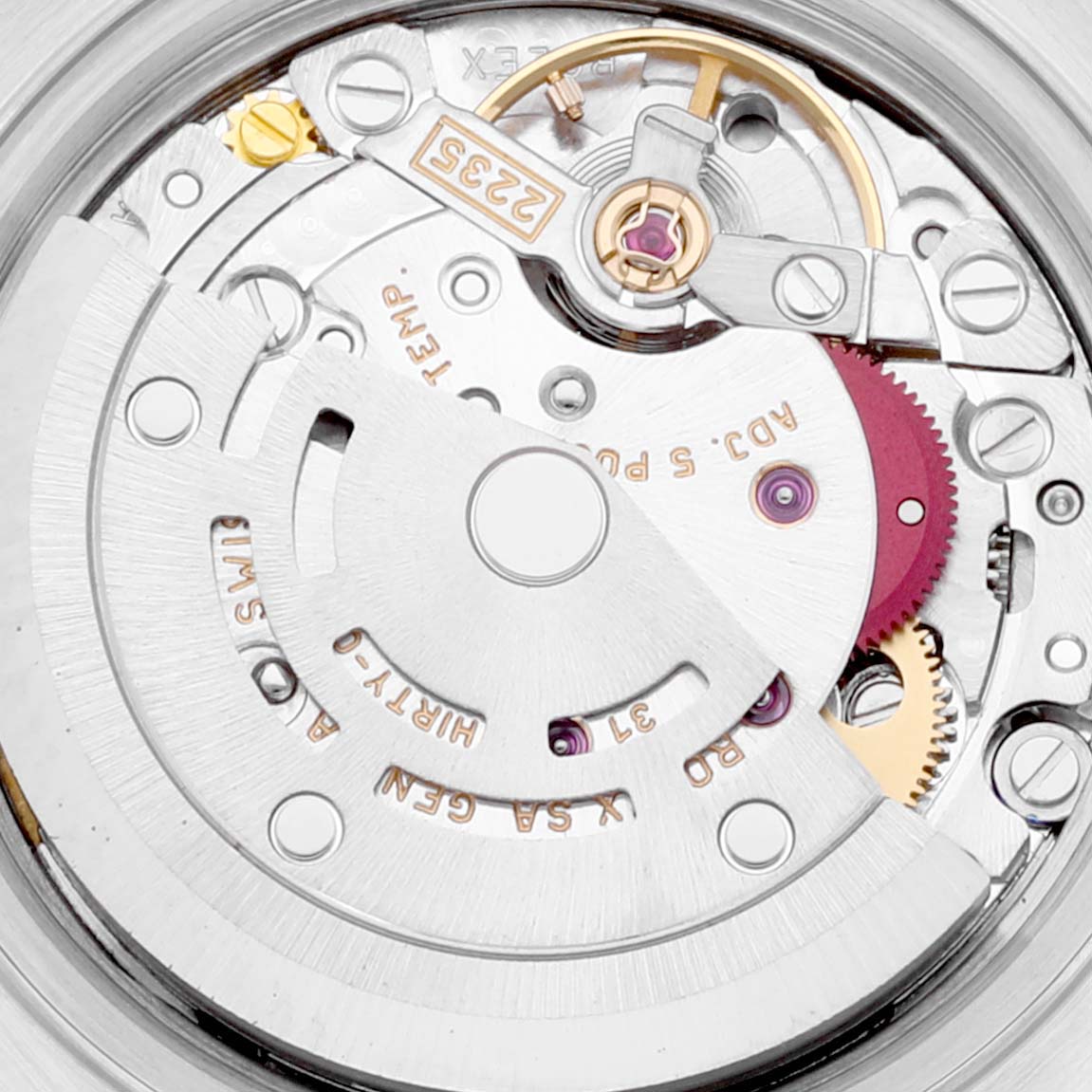 This image shows a close-up view of the internal movement mechanisms of a Rolex Datejust 79173 Women's Steel and Gold (two tone) White Dial 79173 Women's Steel and Gold (two tone) White Dial watch.