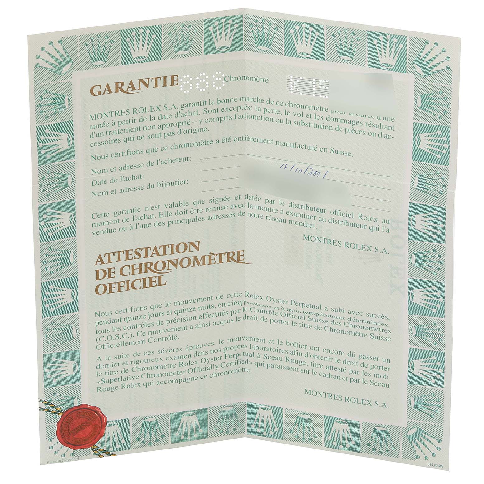 This image shows the warranty and official chronometer certification document for the Rolex Datejust 79173 Women's Steel and Gold (two tone) White Dial 79173 Women's Steel and Gold (two tone) White Dial model.