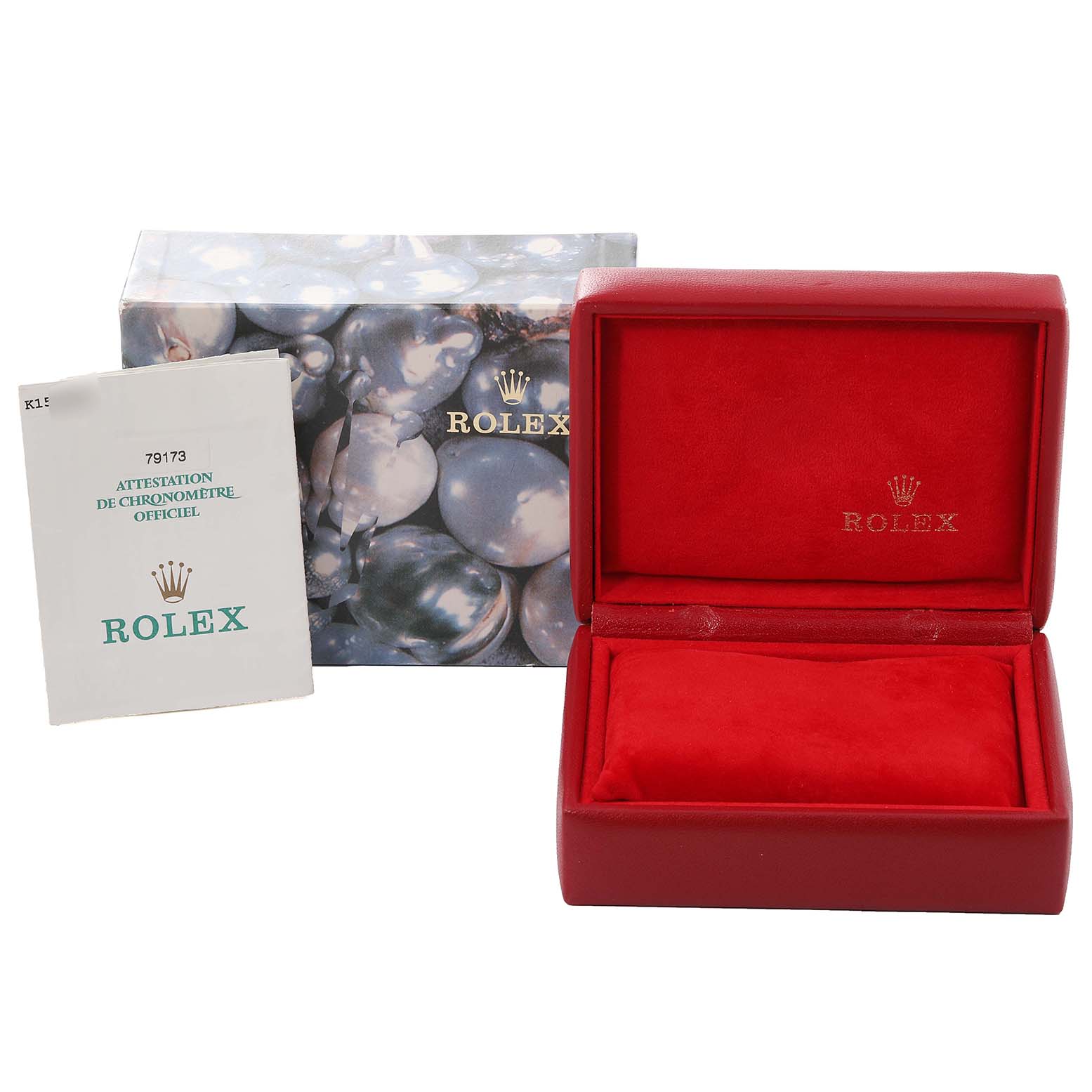 The image shows the packaging and certification for the Rolex Datejust 79173 Women's Steel and Gold (two tone) White Dial 79173 Women's Steel and Gold (two tone) White Dial, including the Rolex box and official chronometer attestation.