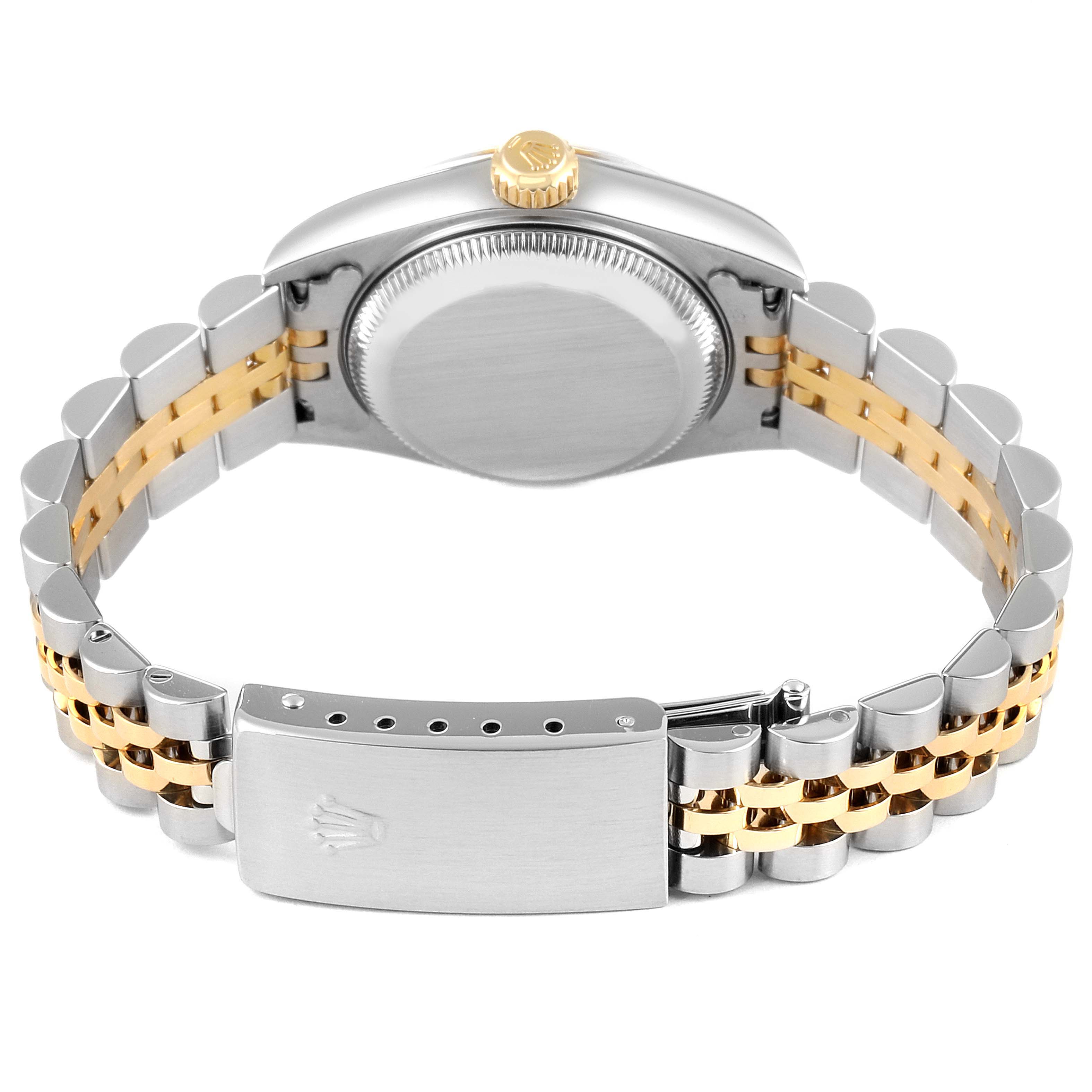This image shows the Rolex Datejust 69173 Women's Steel and Gold (two tone) Champagne Dial 69173 Women's Steel and Gold (two tone) Champagne Dial watch from the back, highlighting its case, crown, and two-tone Jubilee bracelet with clasp.